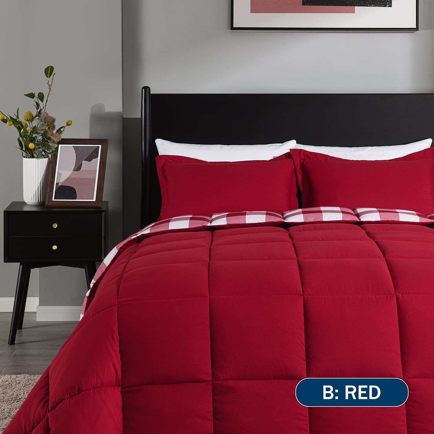 Downluxe Lightweight Plaid Comforter Set Queen Size - 3-Piece Reversible Down Alternative Bedding with 2 Pillow Shams - Red & White Checkered Design for Cozy Bedroom Decor