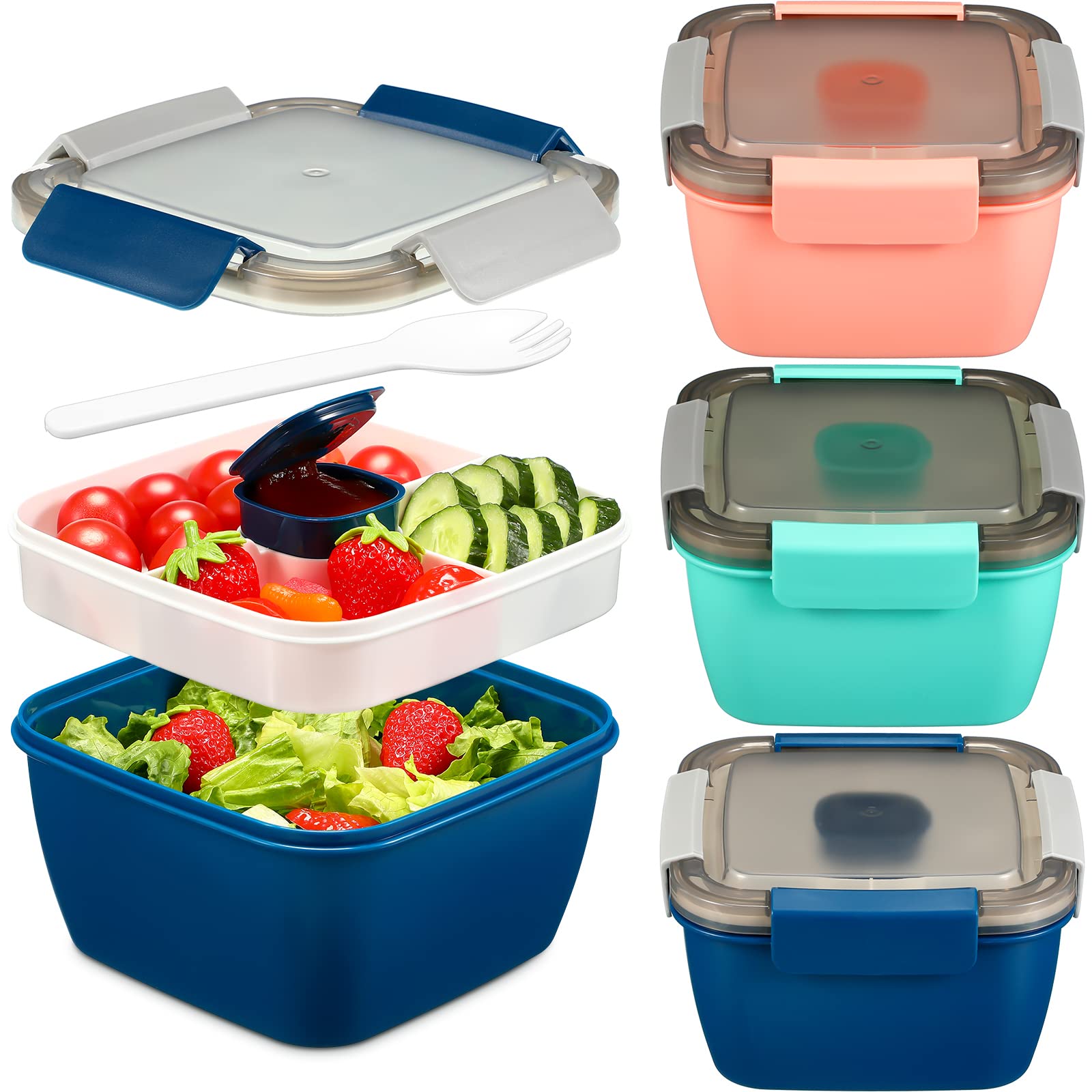 4-Piece Reusable Bento Box Set - 52oz Leak-Proof Salad Containers with 4 Compartments & Dressing Container | Stackable Lunch Box for Adults | Perfect for Meal Prep, Office Lunch, Picnics & Healthy Snacks (Blue, Green, Pink)