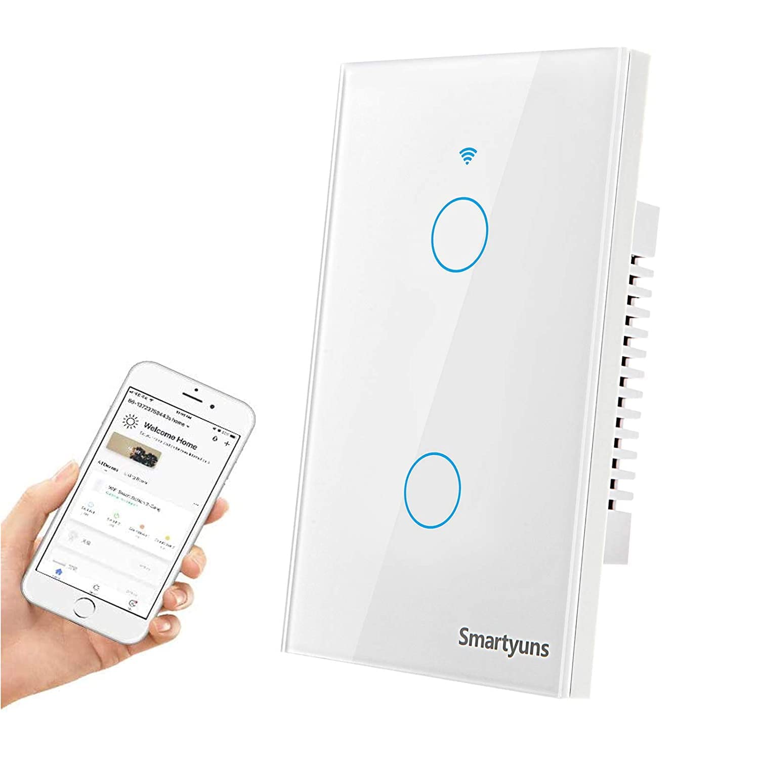 WiFi Smart Wall Light Switch - White, Tempered Glass Panel Touch Switch, 2 Gang for 1 Gang Box, Timer Function, Wireless Lighting Control for Home Automation & Smart House (Works with Alexa & Google Home)