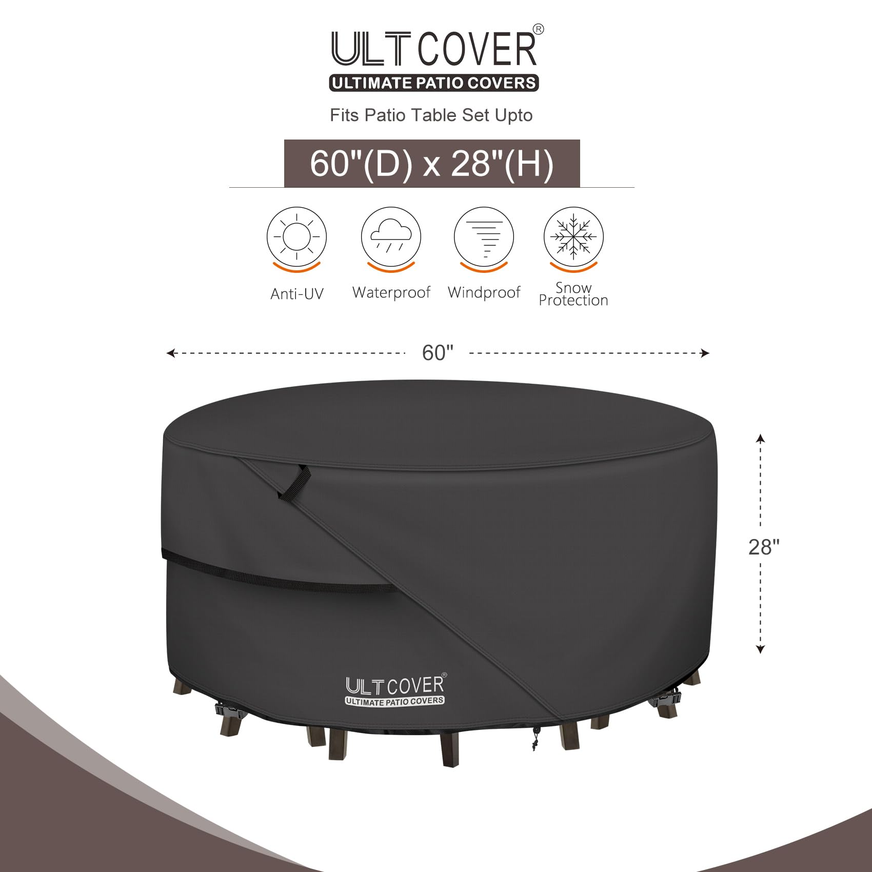 ULTCOVER 60-Inch Round Patio Furniture Cover - Waterproof Outdoor Table and Chair Set Cover, Black - Perfect for Garden, Deck, and Backyard Protection