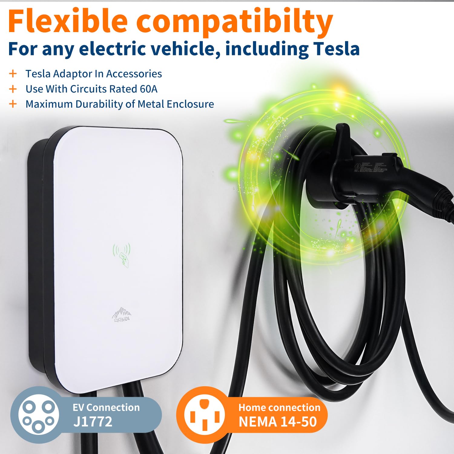 48 Amp 240V Level 2 EV Charger with NEMA 14-50 Plug - Indoor/Outdoor Use, Metal Case, 25ft Cord - WiFi/RFID/App Control & Tesla Adapter Compatible - Fast Charging for Home, Office & Public Parking
