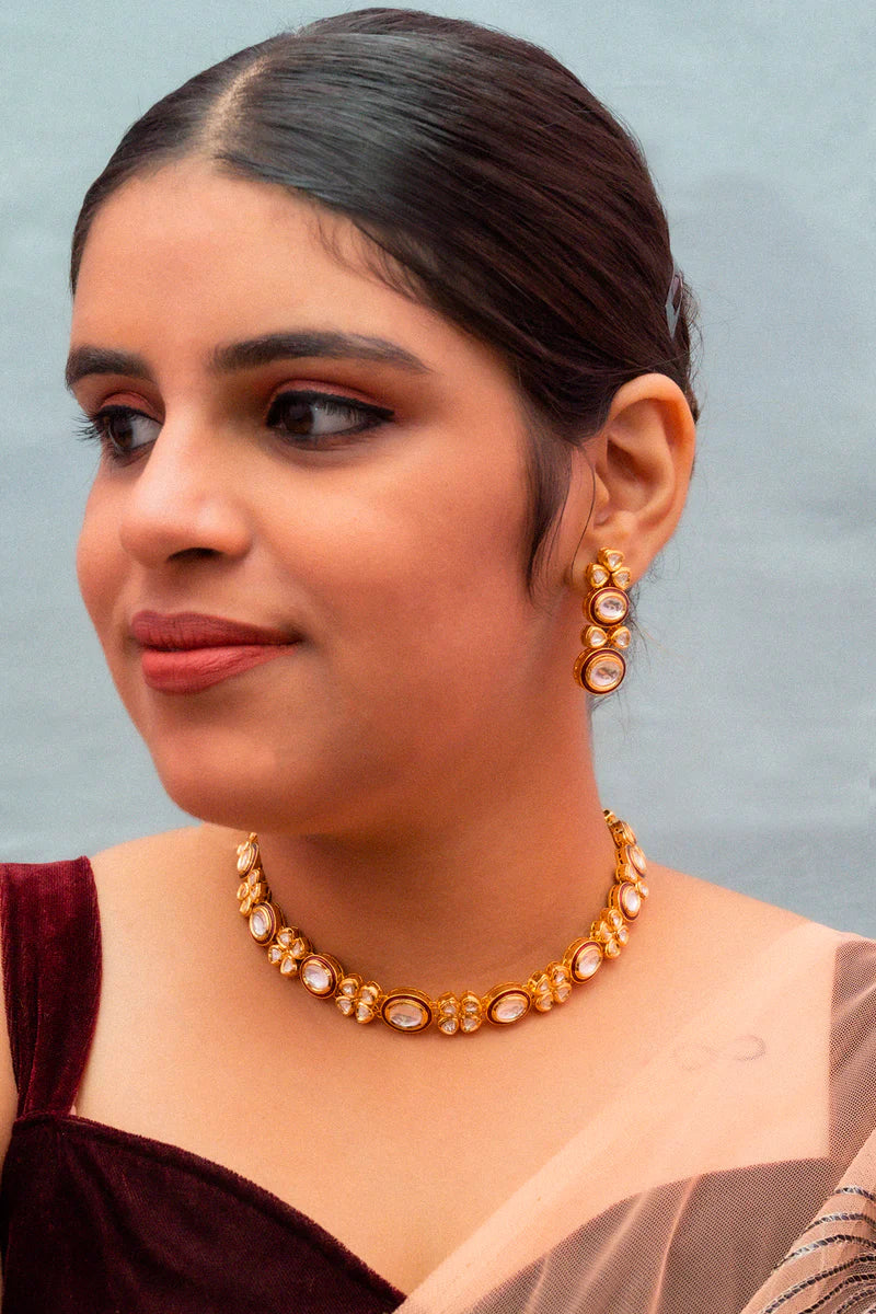 Luxury Gold Plated Royal Kundan Necklace and Earrings Set for Women - Indian Bridal Jewelry, Wedding Party Accessories, Ethnic Fashion Statement (D832)