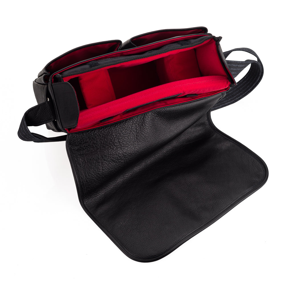 Oberwerth William Large Leather Camera Bag & Business Briefcase - Black with Red Lining | Professional DSLR Camera Case & Work Laptop Bag for Photographers & Business Travel