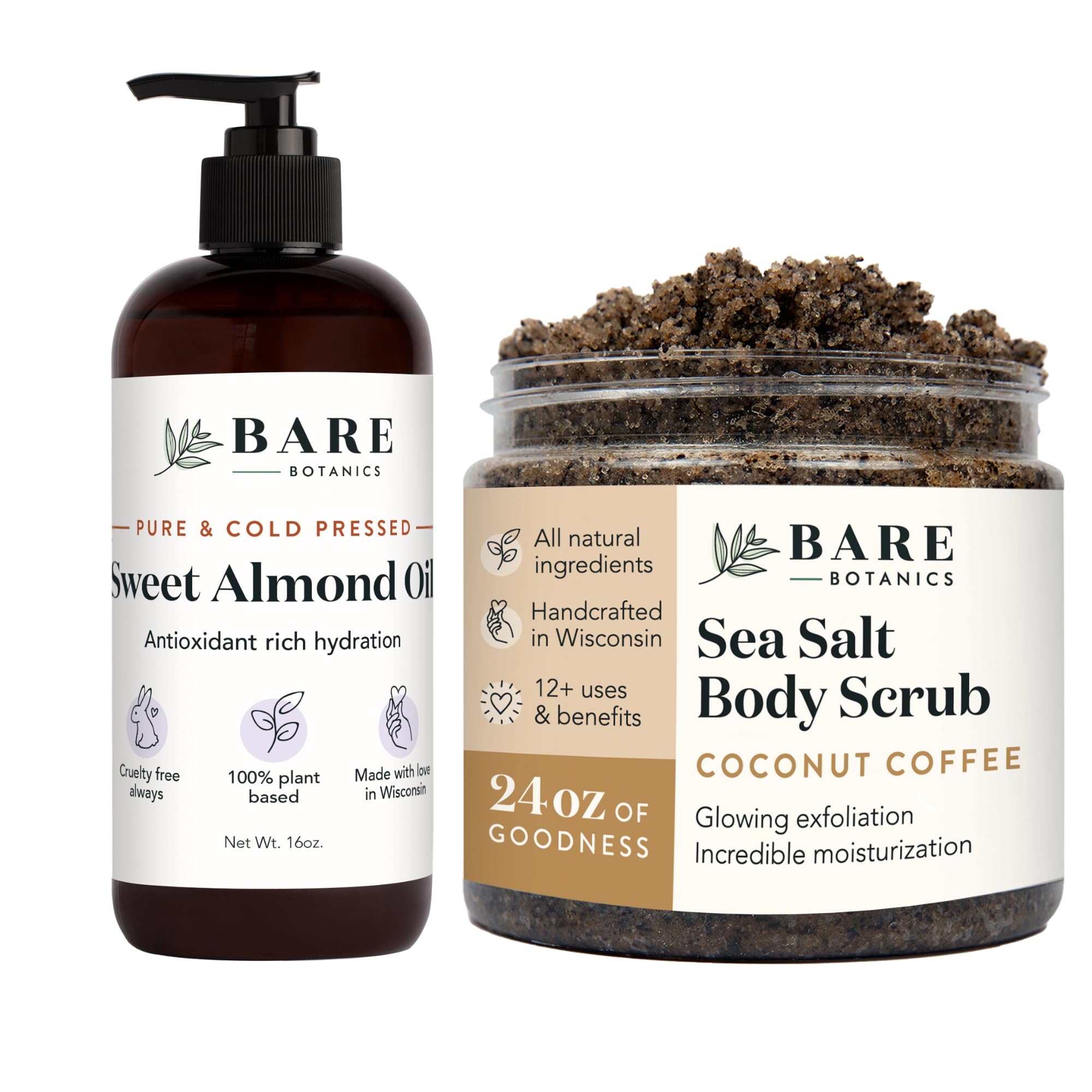 Bare Botanics Sweet Almond Hair & Body Oil with Coconut Coffee Body Scrub - Organic Moisturizing & Exfoliating Duo for Dry Skin & Damaged Hair - Spa & At-Home Self Care Routine