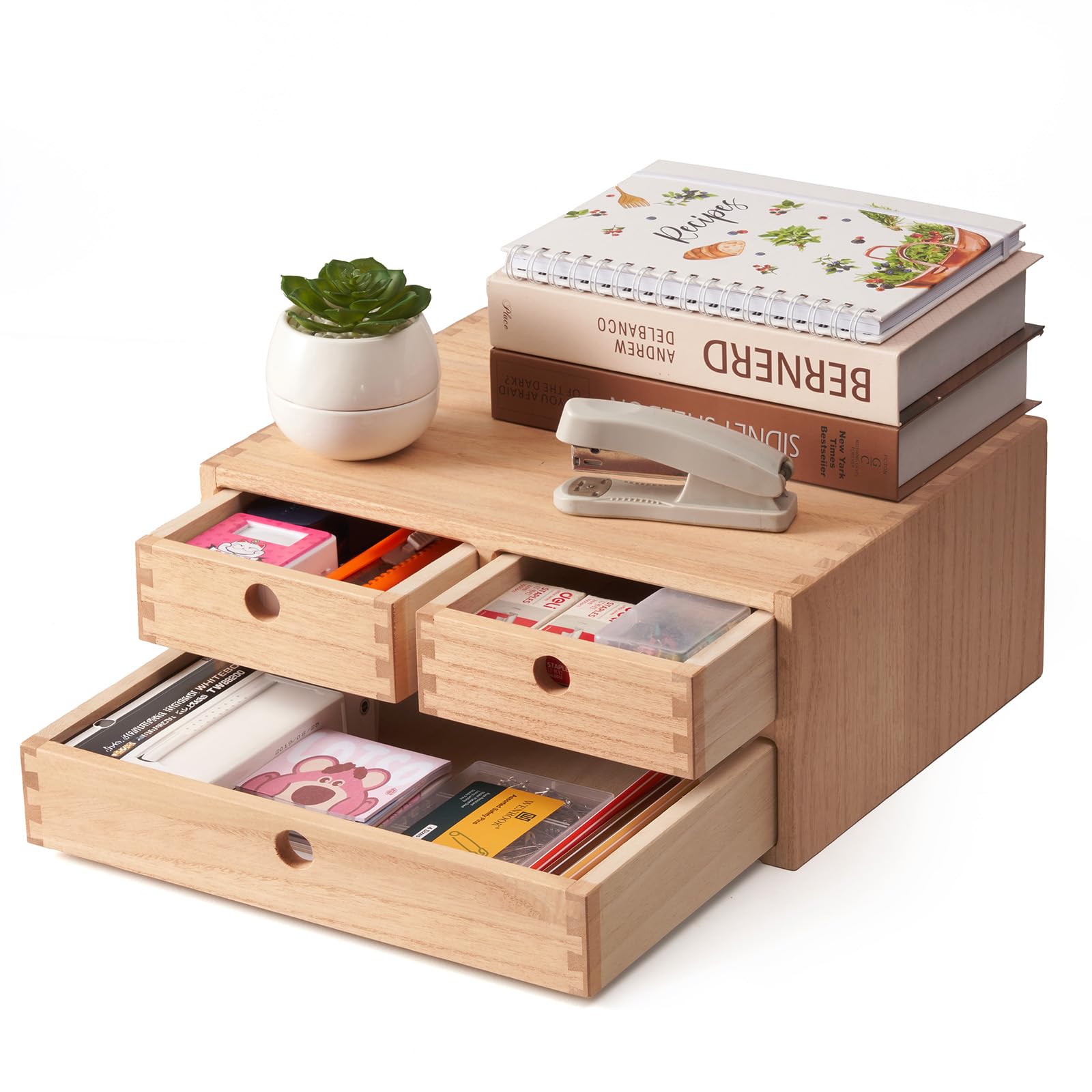 Kirigen Natural Wooden Desktop Organizer with 3 Drawers - 2-Layer Office Supplies & Jewelry Storage Shelf - Perfect for Home Office, Desk Organization, and Small Item Storage (NA, 2-Layer & 3 Drawers)