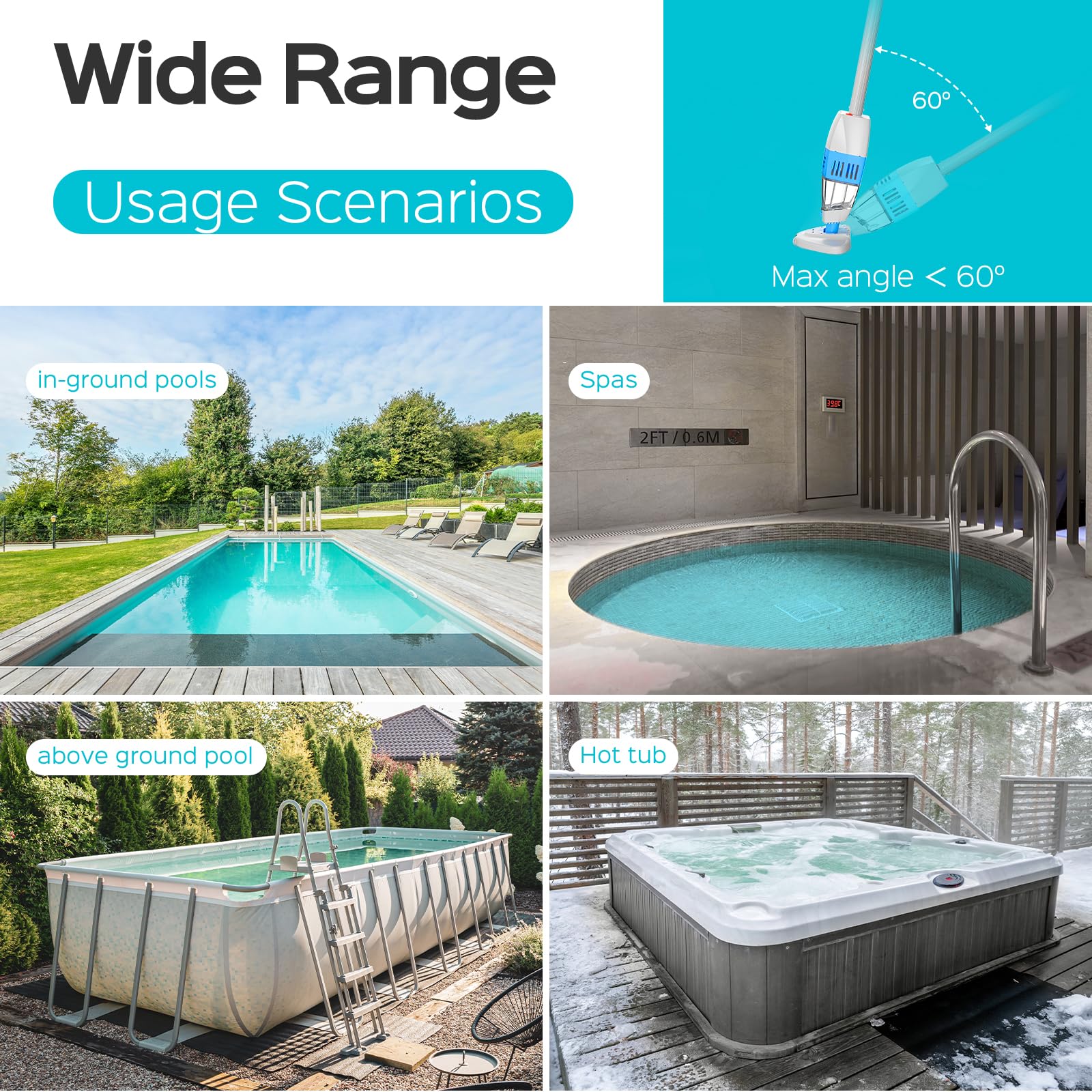 2024 Upgraded Rechargeable Handheld Pool Vacuum for Above Ground Pools - 60 Min Runtime, Telescopic Pole & 2-in-1 Cleaning Head - Ideal for Small Pools, Hot Tubs, Spas, and Ponds - Perfect for Quick Cleaning and Maintenance