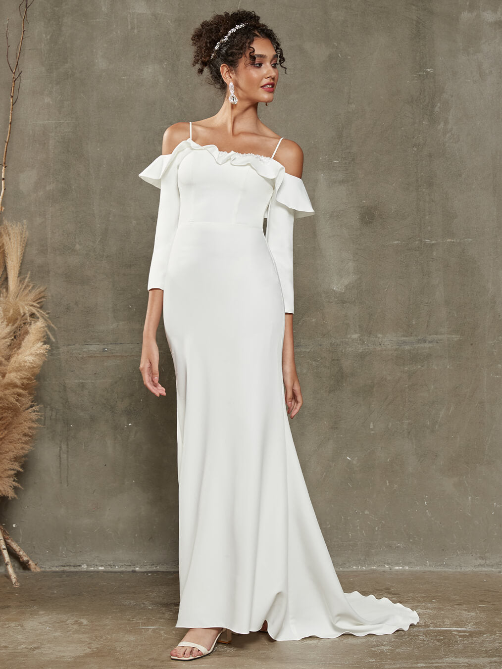 Elegant Double FDY Ruffled Off-Shoulder Mermaid Wedding Dress with Long Train - Perfect for Beach, Church, and Formal Wedding Ceremonies