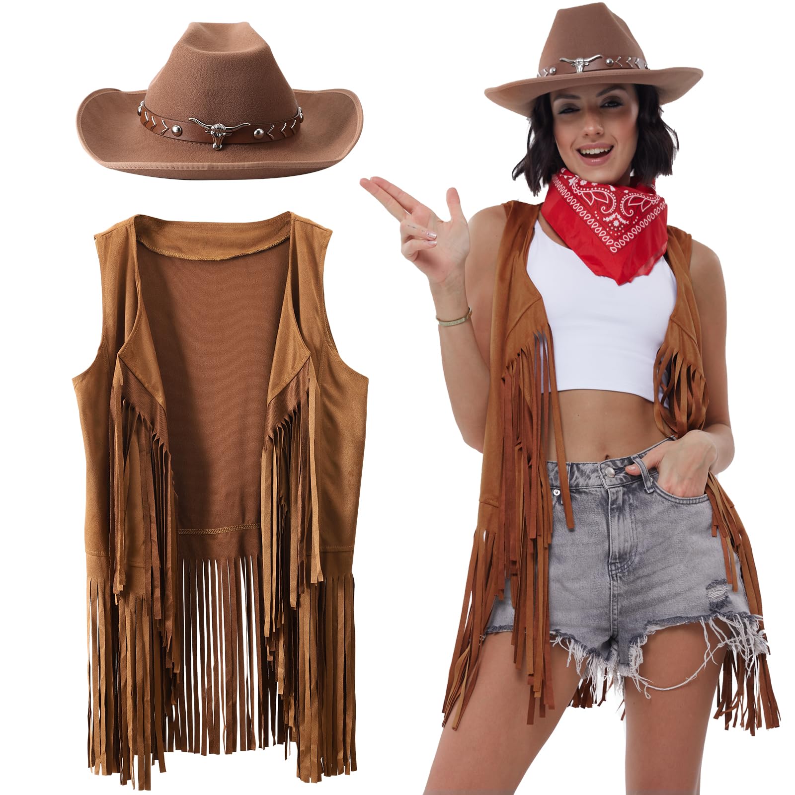 Western Outfits for Women - Cowgirl Tassel Sleeveless Vest, Cowboy Hat & Paisley Bandana Set | Country Rodeo, Halloween Costume & Western Party Outfit