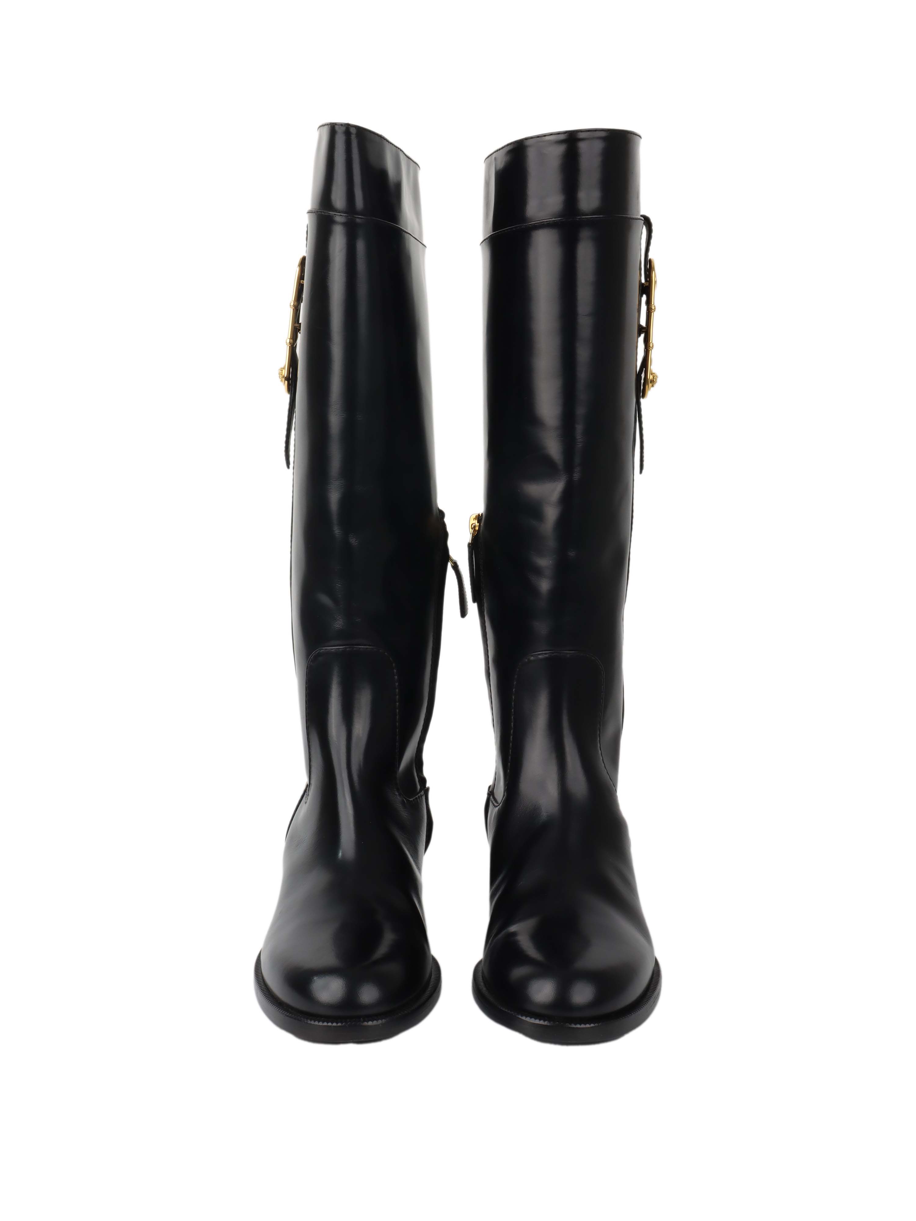 Versace Black Leather Riding Boots for Women - Stylish Equestrian & Fashion Boots for Horseback Riding & Everyday Wear