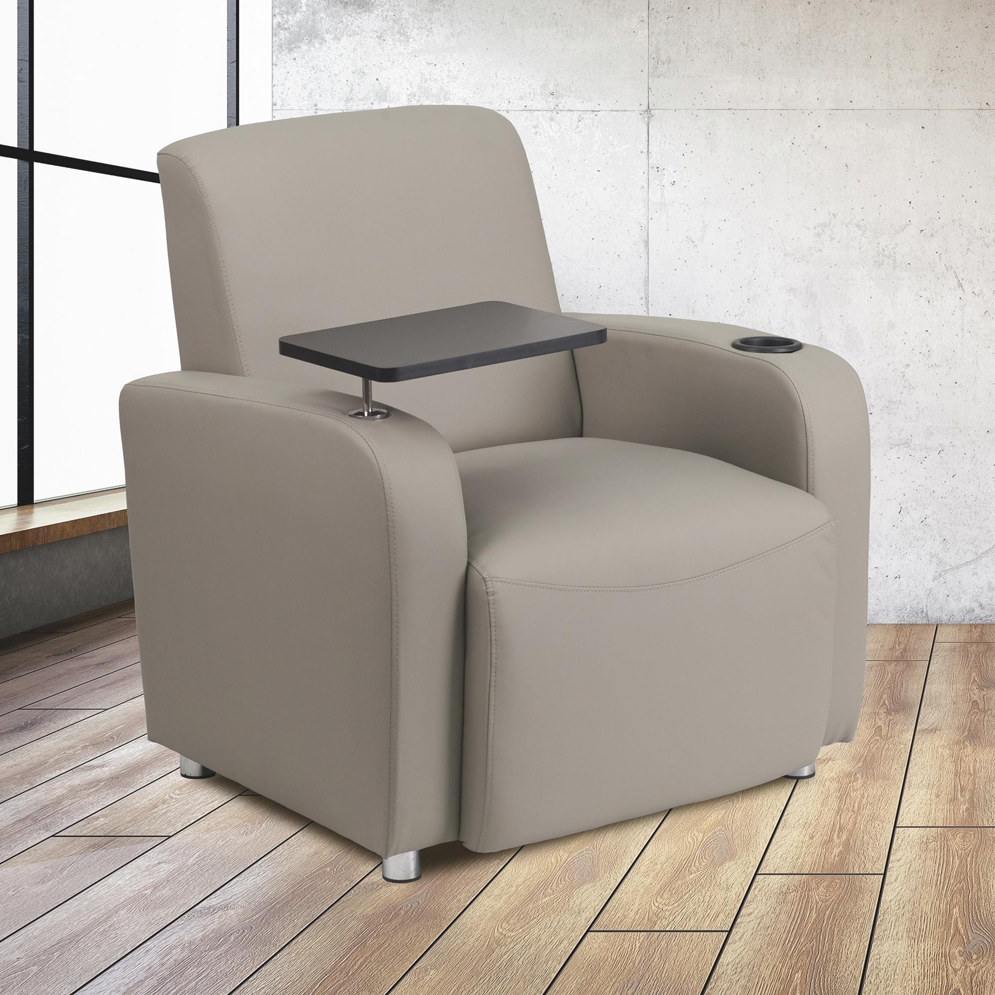 Flash Furniture George LeatherSoft Guest Chair with Tablet Arm & Cup Holder - Ergonomic Office Chair for Waiting Rooms, Reception Areas & Conference Rooms - Comfortable Gray Upholstered Chair for Professionals & Visitors