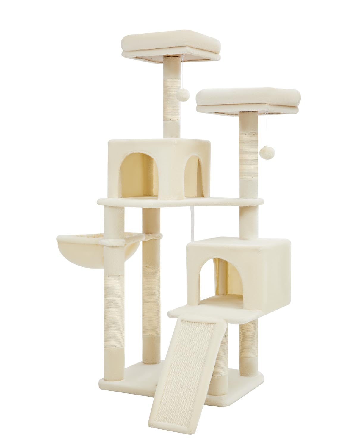 56.3-Inch Cat Tree with Scratching Posts & Hammocks - Multi-Level Cat Tower for Indoor Cats Featuring Toys, Condo & Large Scratch Board - Beige MS012M - Perfect for Small Spaces & Playful Kittens
