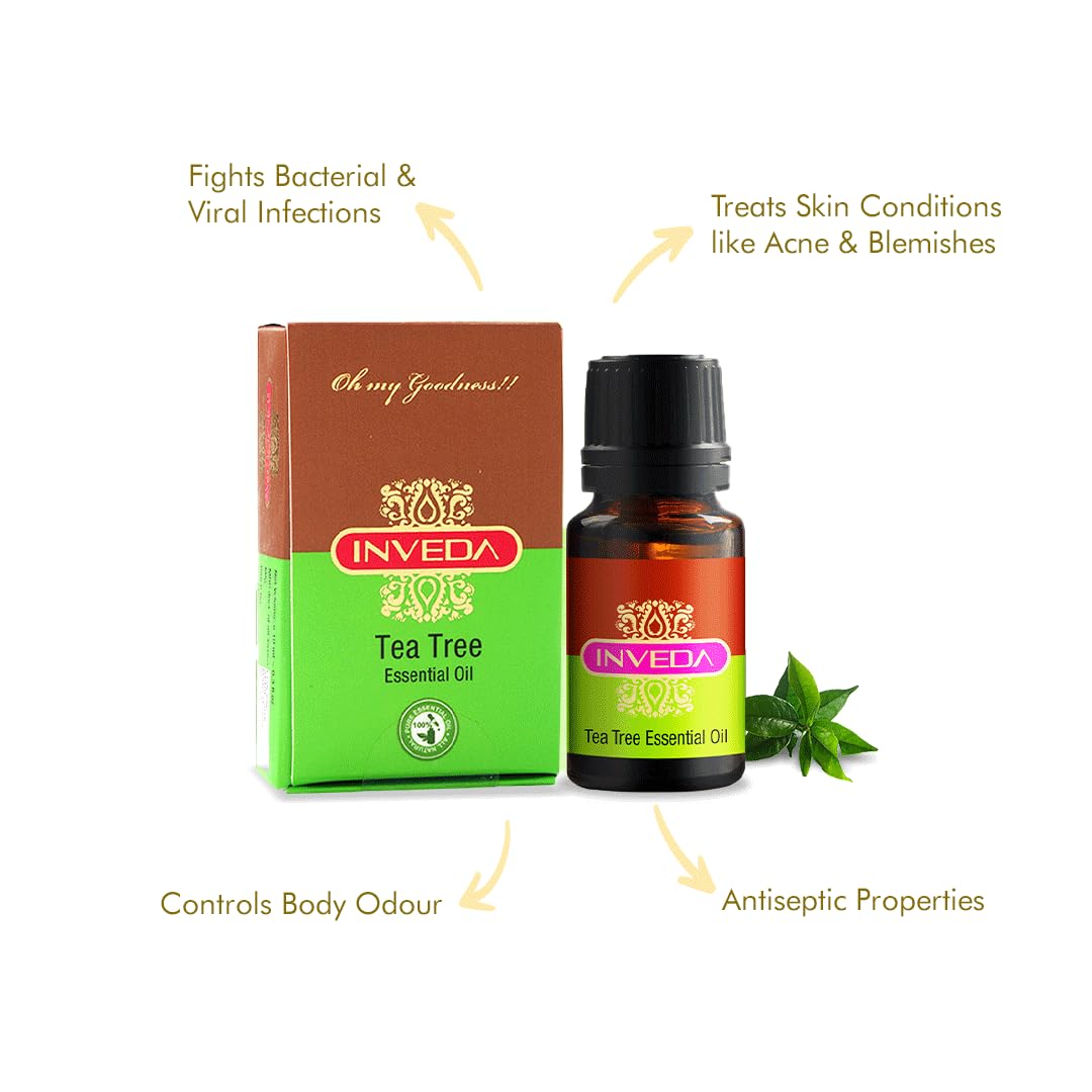 Inveda Pure Tea Tree Essential Oil for Acne-Prone Skin | Anti-Acne Treatment with Natural Tea Tree Extract | Reduces Pimples, Calms Skin & Fades Scars | 10ml Bottle | Perfect for Facial Care, Aromatherapy & DIY Skincare