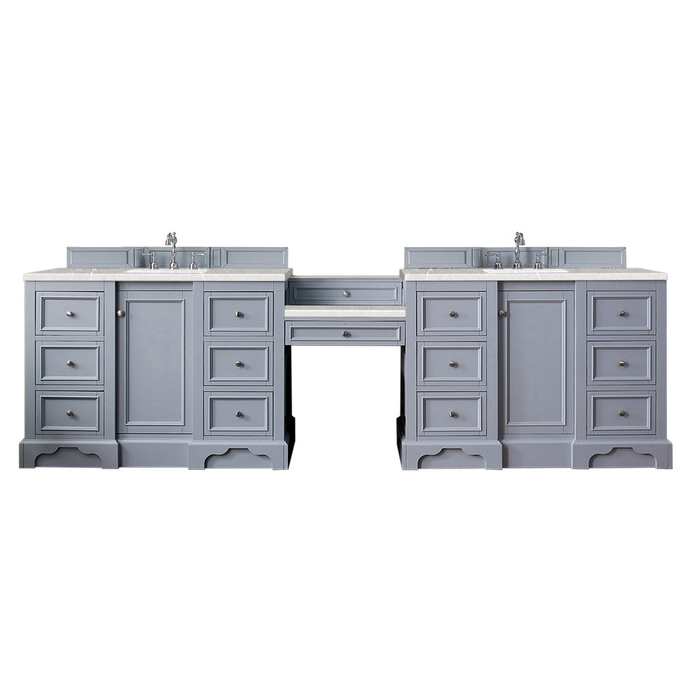 De Soto 118 Double Vanity Set with Makeup Table - Silver Gray Finish & 3CM Eternal Serena Quartz Top | Modern Bathroom Vanity for Master Suite & Guest Bathroom