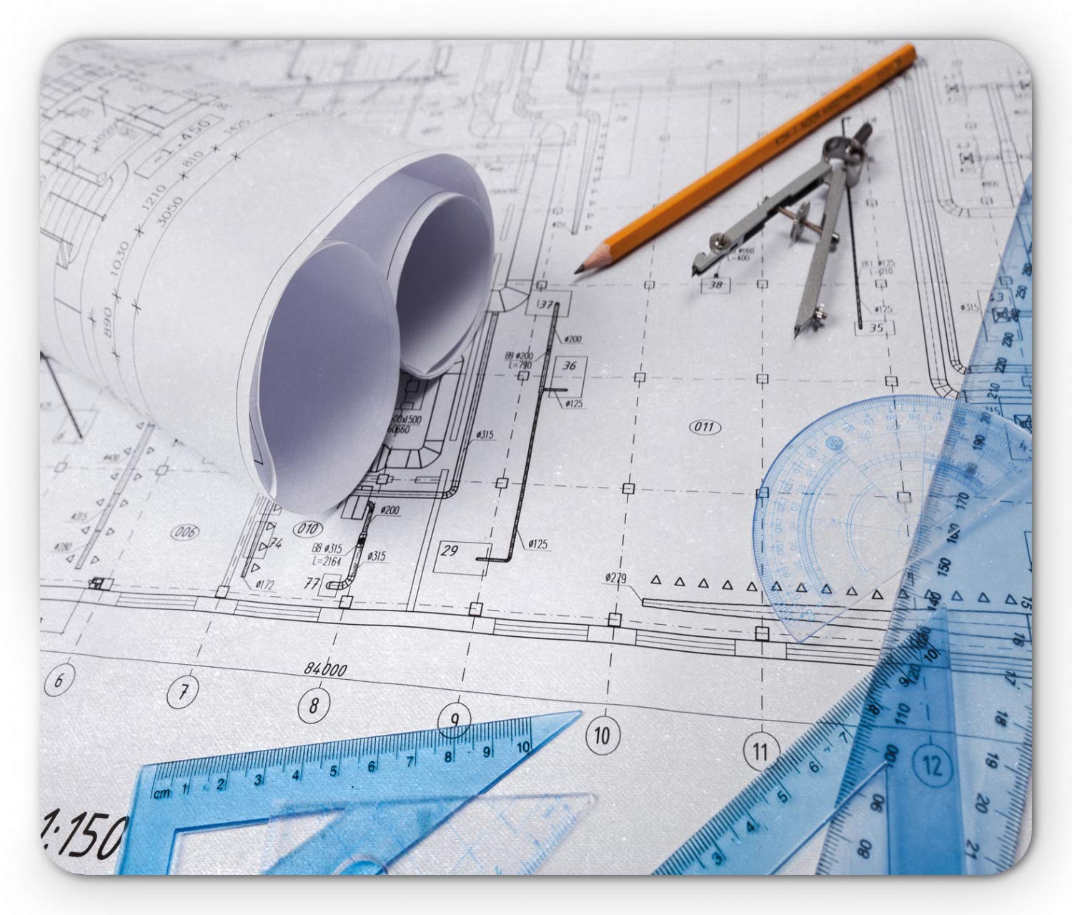 Lunarable Engineer Mouse Pad - Architecture Design & Construction Tools Blueprint with Pencil Ruler - Non-Slip Rubber Mousepad (Standard Size, White/Blue) for CAD Workstations, Office Desks & Gaming Setups