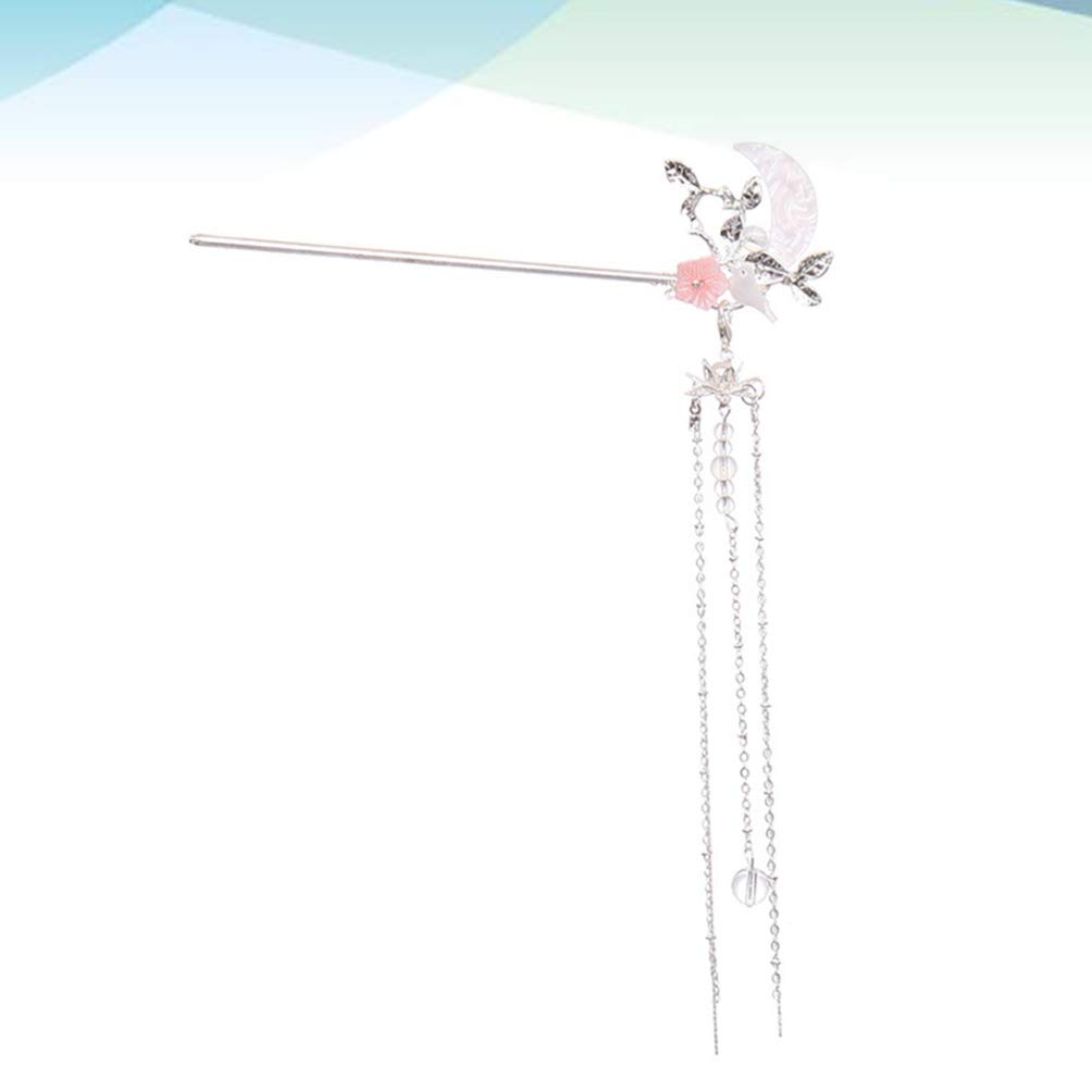 Moon Design Tassel Hair Stick - Chinese Hair Chopstick & Hair Fork for Women & Girls | Silver Hair Clip & Hairpin Accessories | Perfect for Weddings, Parties & Traditional Hairstyles
