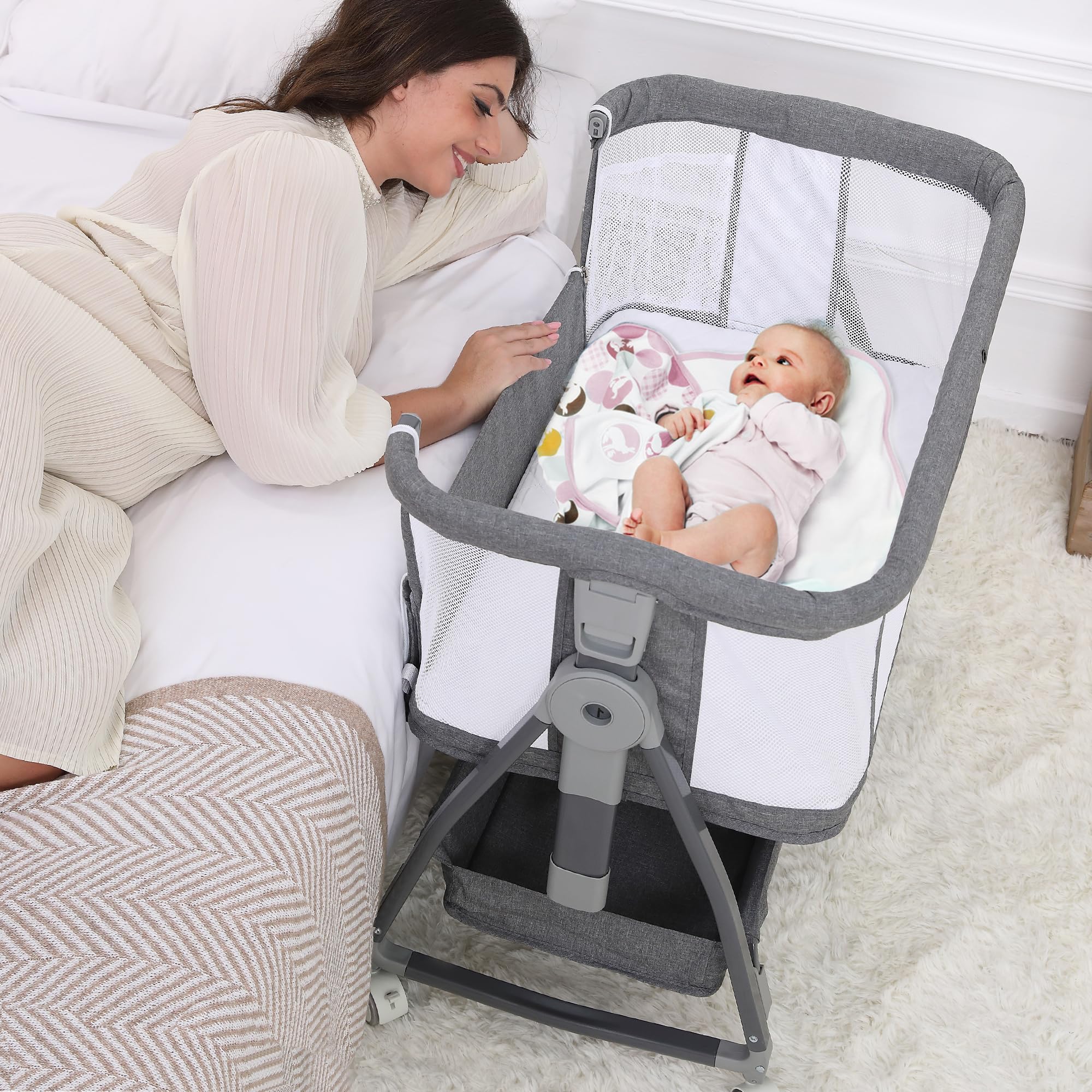 3-in-1 Adjustable Baby Bassinet Bedside Sleeper with Mattress & Wheels - 5 Height Settings, Gray Rocking Crib for Newborns - Perfect for Nursery, Bedroom & Travel Use