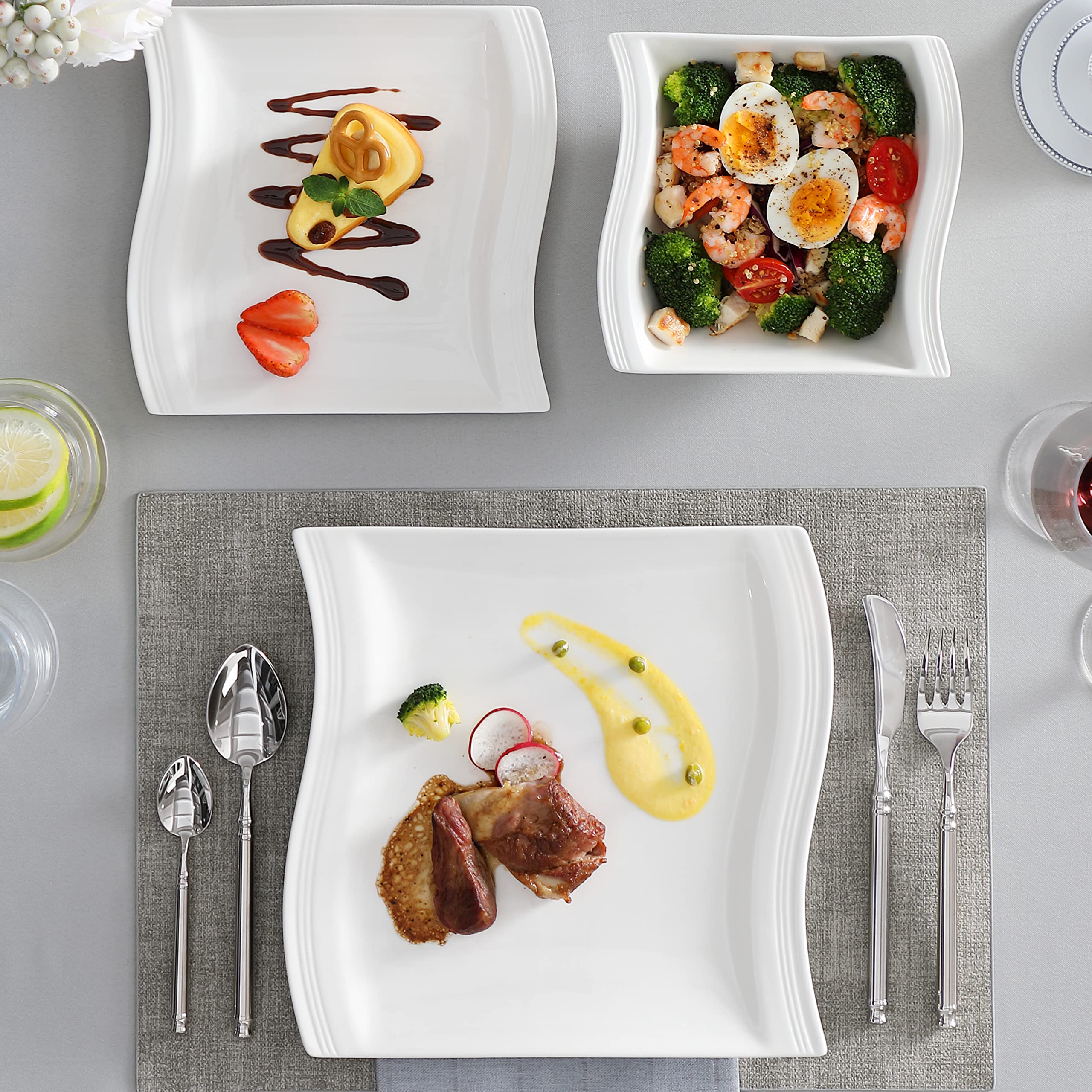 MALACASA 16-Piece Ivory White Porcelain Dinnerware Set for 4 - Square Plates & Bowls, Modern FLORA Series | Includes Dinner Plates, Dessert Plates, Soup Bowls | Perfect for Family Meals, Dinner Parties & Restaurant-Style Dining