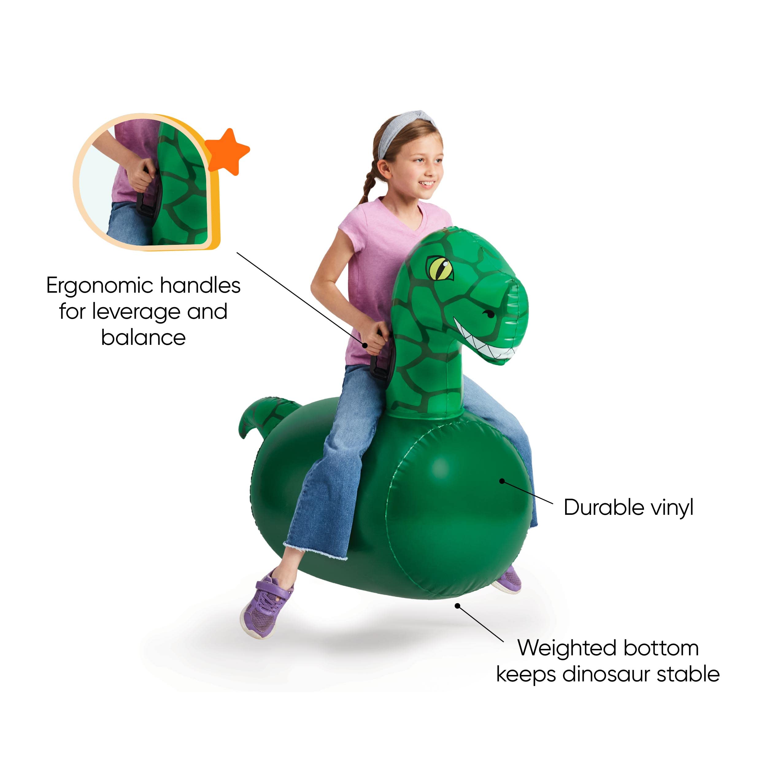 **Hearthsong Hop N Go Inflatable Dinosaur Ride-On Bouncer for Kids Ages 5+ - Outdoor Jumping Toy, Dino Hopper for Backyard Play, Birthday Parties & Active Playtime**