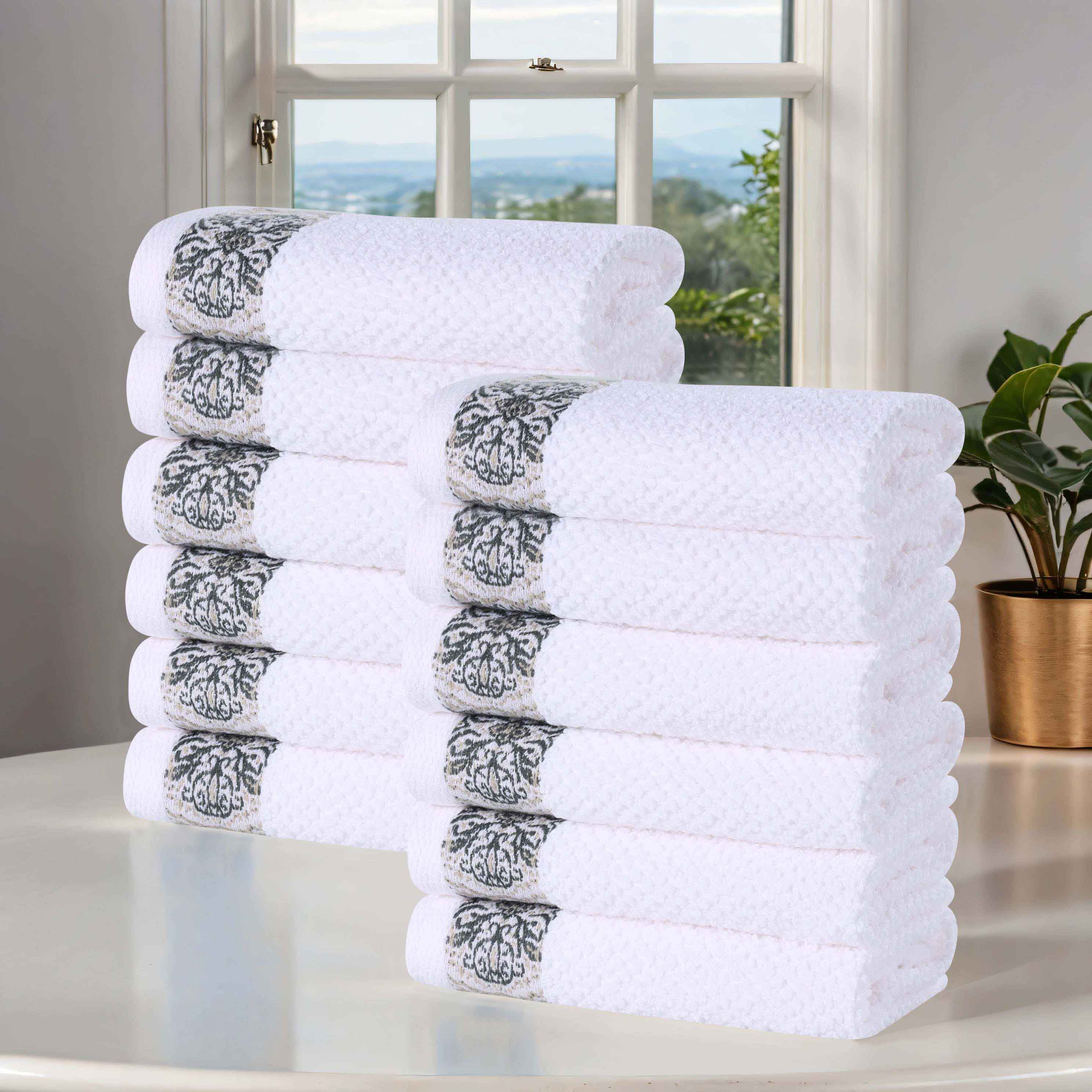 Premium Medallion Cotton Jacquard Textured Face Towels & Washcloths - 12-Piece Set for Spa, Bathroom & Luxury Home Decor