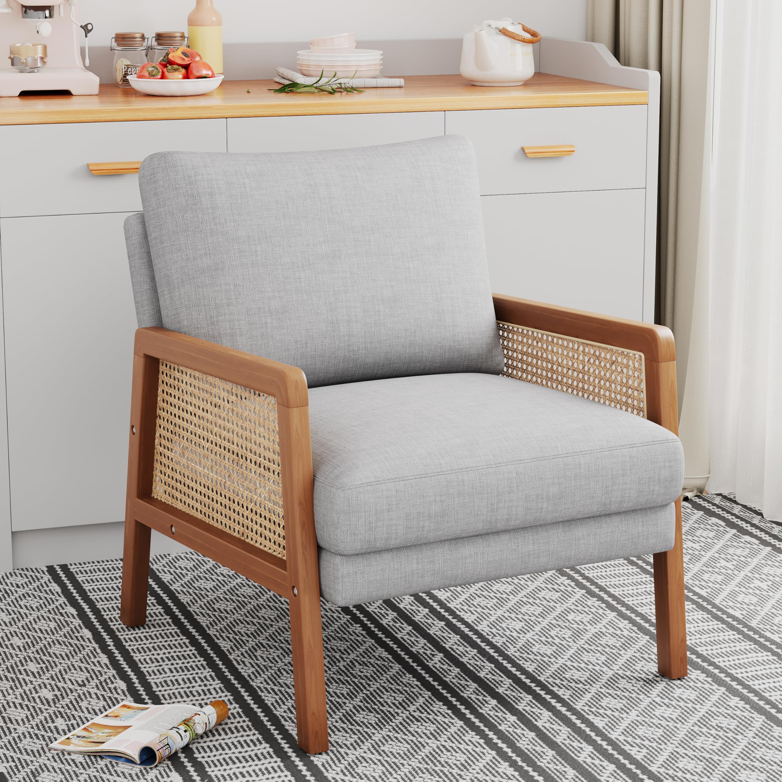 WENTMENT Set of 2 Modern Rattan Accent Chairs with Natural Armrests - Upholstered Living Room Armchairs, Comfortable Single Sofa Chairs for Reception, Hosting & Bedroom (Grey) | Perfect for Lounge, Reading Nook & Cozy Home Decor