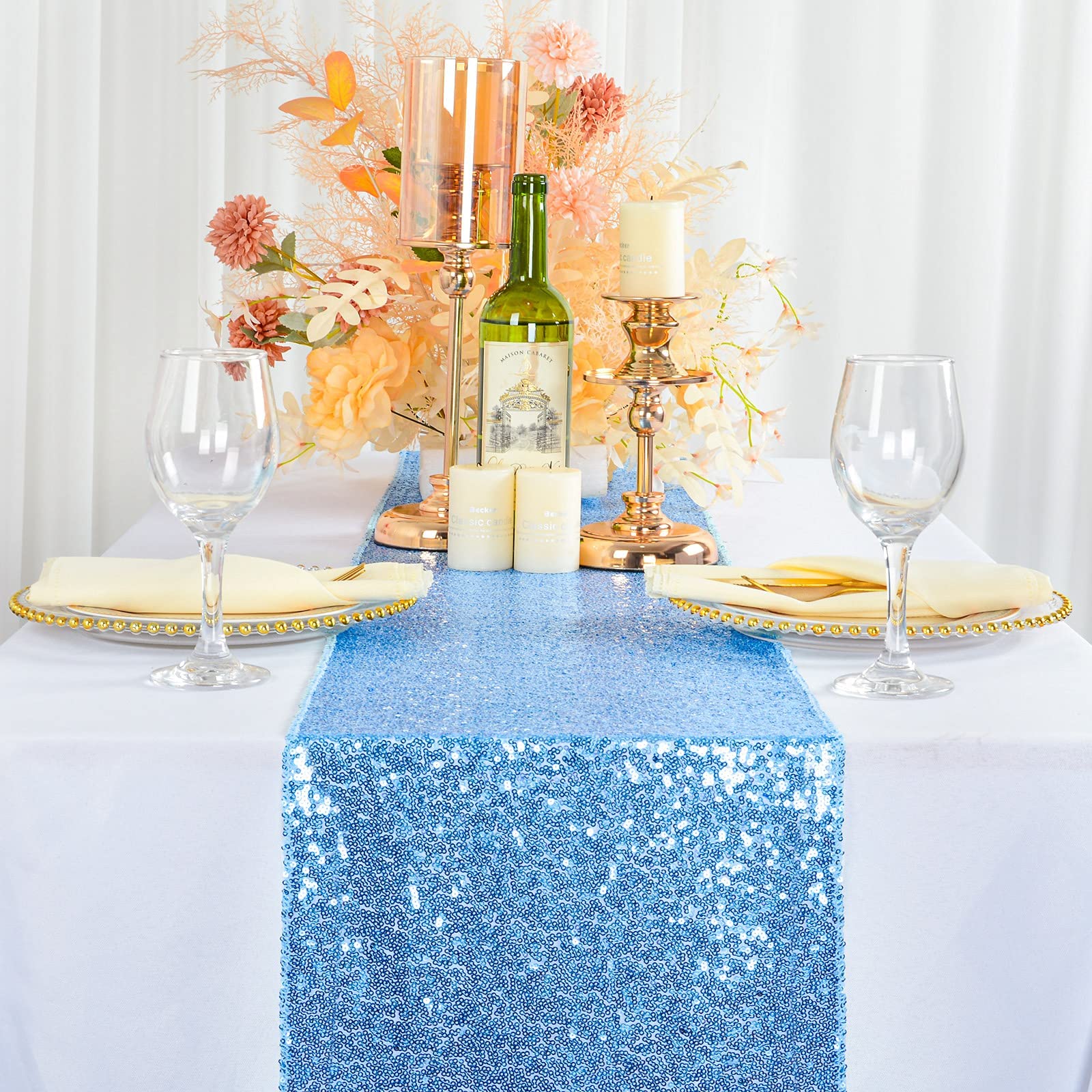 ShinyBeauty 13''x108'' Light Blue Sequin Glitter Table Runner for Kitchen, Dining, Party, Thanksgiving & Baby Shower - Elegant Linen Table Decor for Holiday Celebrations & Special Events
