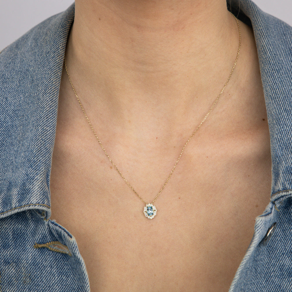 0.55 Carat Blue Topaz Oval & Diamond Pendant with 45cm 9K Yellow Gold Chain - Elegant Jewelry Gift for Women, Perfect for Anniversaries & Special Occasions