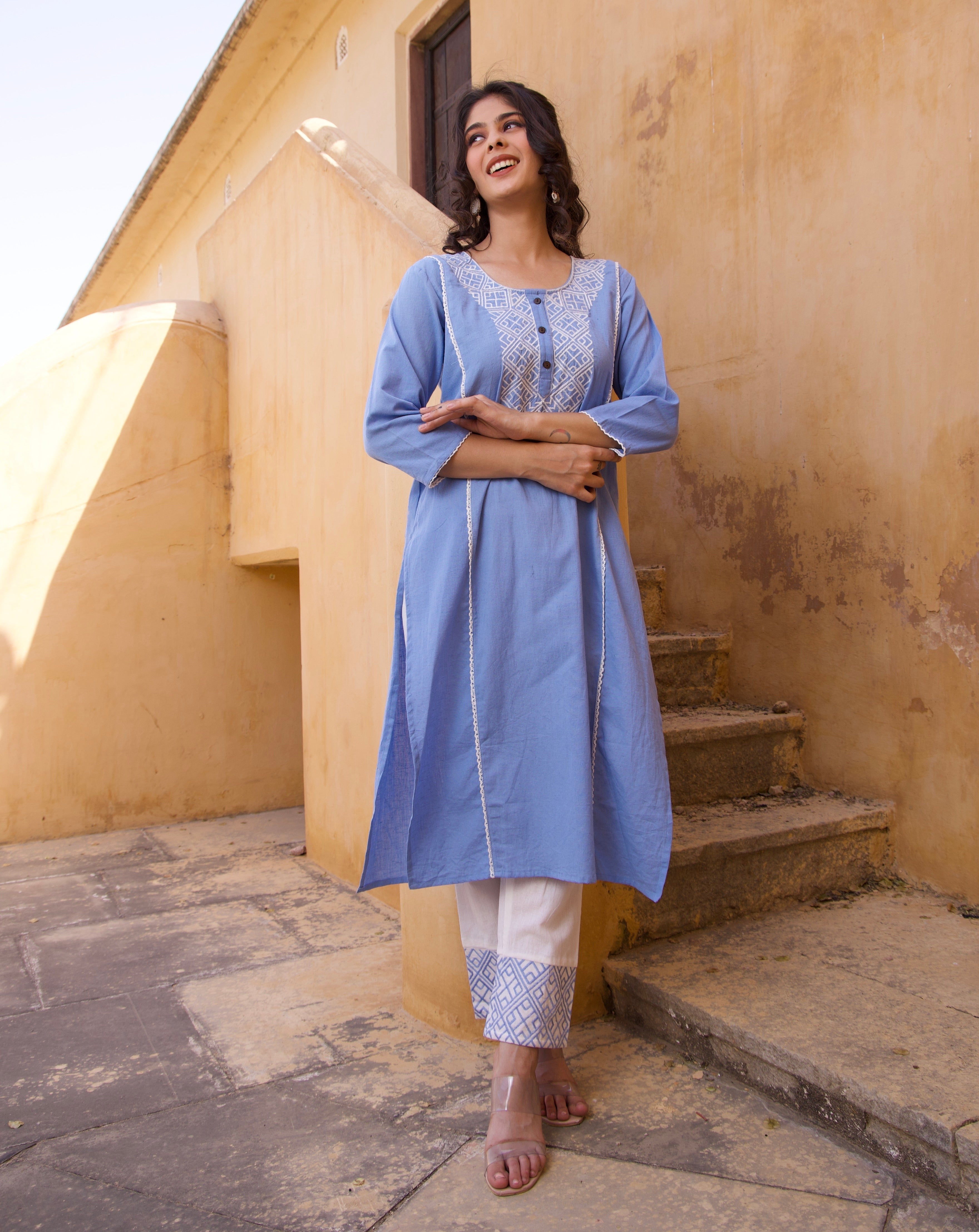 Blue Embroidered Kurta Set with Cross Design - Elegant Ethnic Outfit for Women, Festivals, Weddings & Special Occasions
