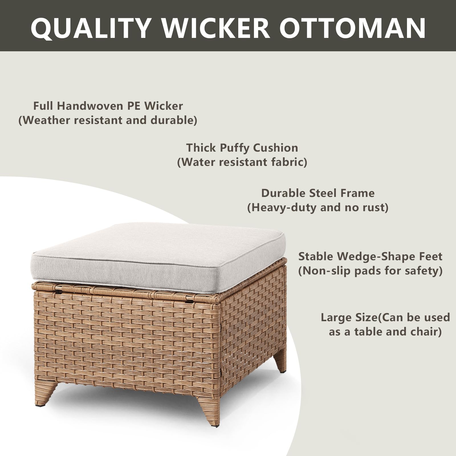 2-Piece Outdoor Wicker Ottoman Set with Thick Cushions - Yellow/Beige Rattan Patio Footrest & Footstool for Garden, Poolside & Backyard Relaxation