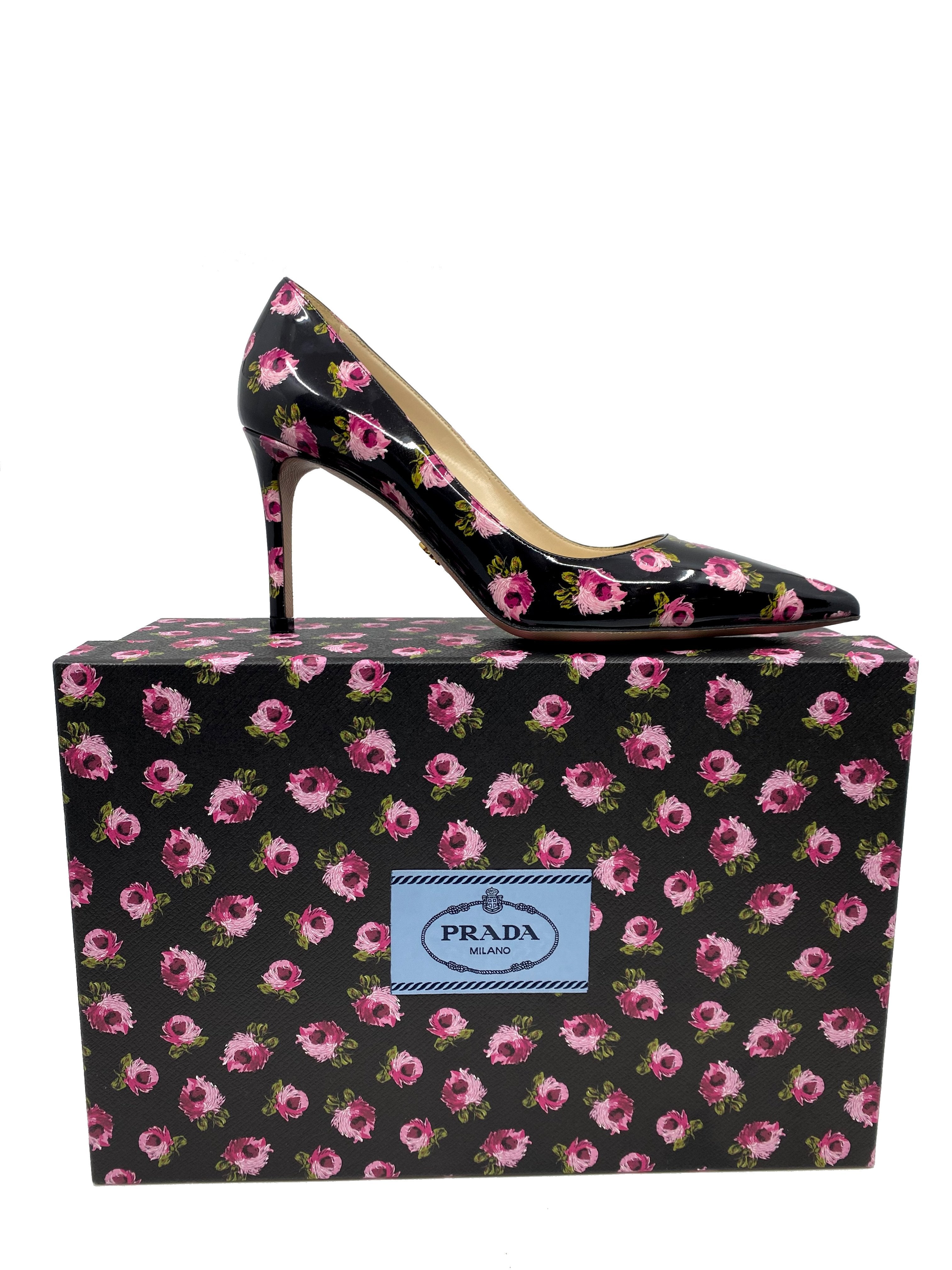 Prada Floral Print Patent Leather Pumps Women's Size 7 - New Designer High Heels for Wedding, Party & Special Occasions