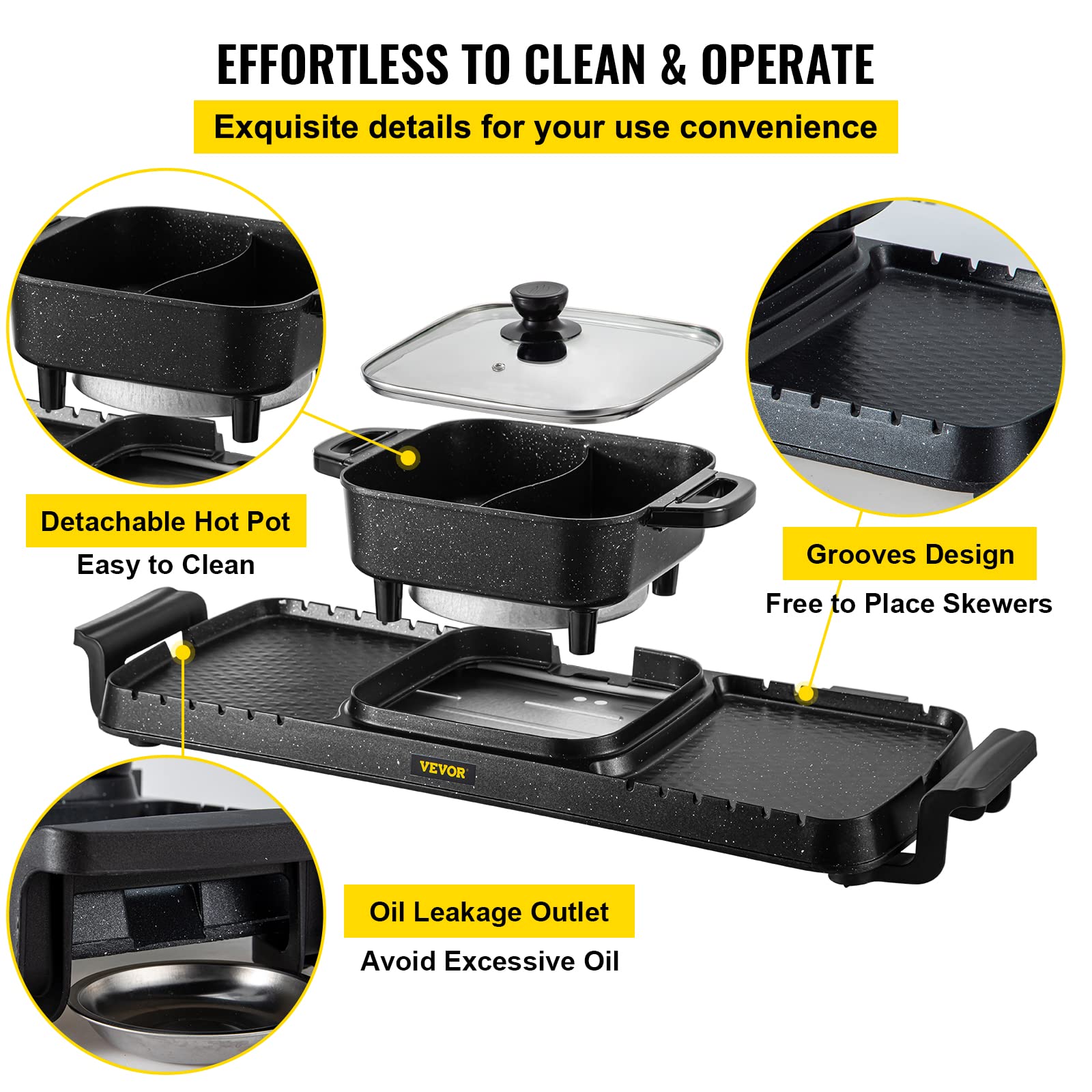 VEVOR 2400W Electric Grill & Hot Pot Combo - Smokeless 2-in-1 Indoor Grill with Dual Temperature Control, Nonstick Teppanyaki Griddle for BBQ, Shabu Shabu, Fondue - Perfect for Family Gatherings (1-8 People)