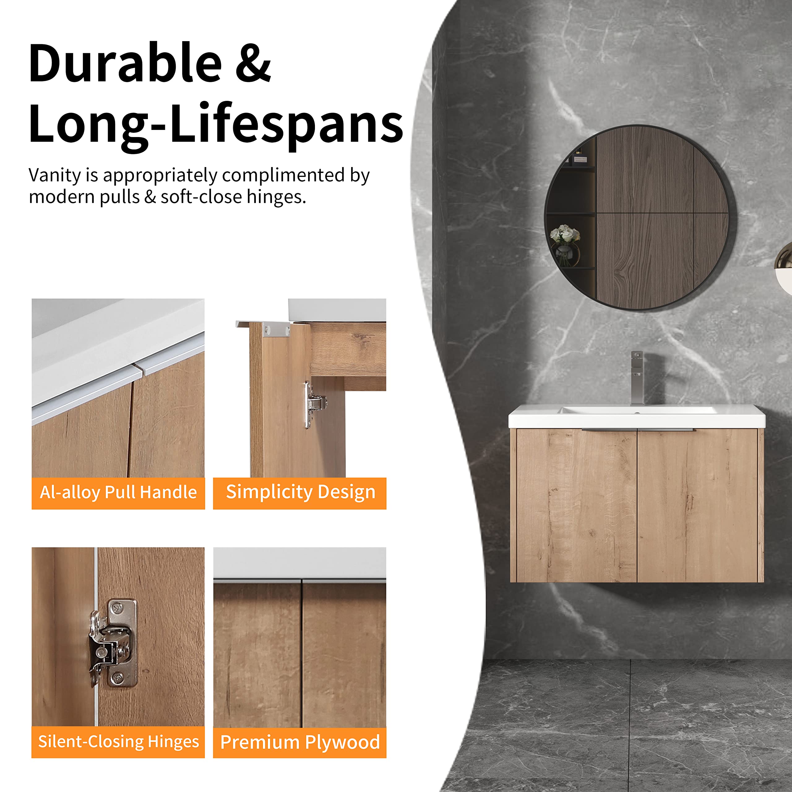 30 Inch Modern Floating Bathroom Vanity with Ceramic Sink & Soft Close Doors - Wall Mounted Storage Cabinet for Small Bathrooms, Powder Rooms & Contemporary Home Decor (Brown Finish)