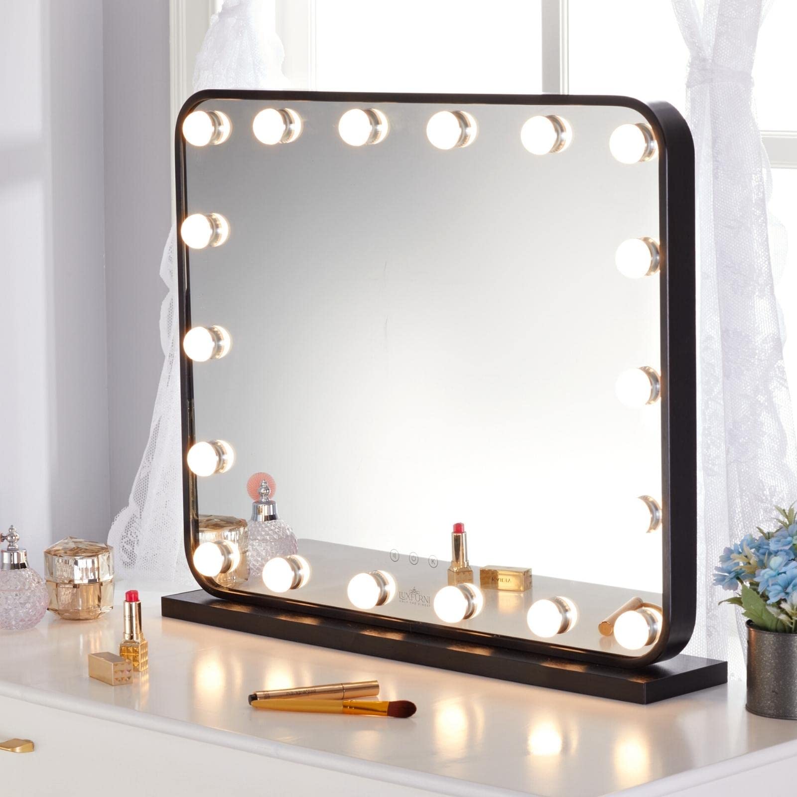 Hollywood Makeup Mirror with Lights - 18 Dimmable LED Bulbs, Smart Touch Control, 3 Color Lighting Options, Vanity Mirror for Bedroom & Dressing Room (Black) | Perfect for Makeup Application, Skincare Routine, and Home Decor