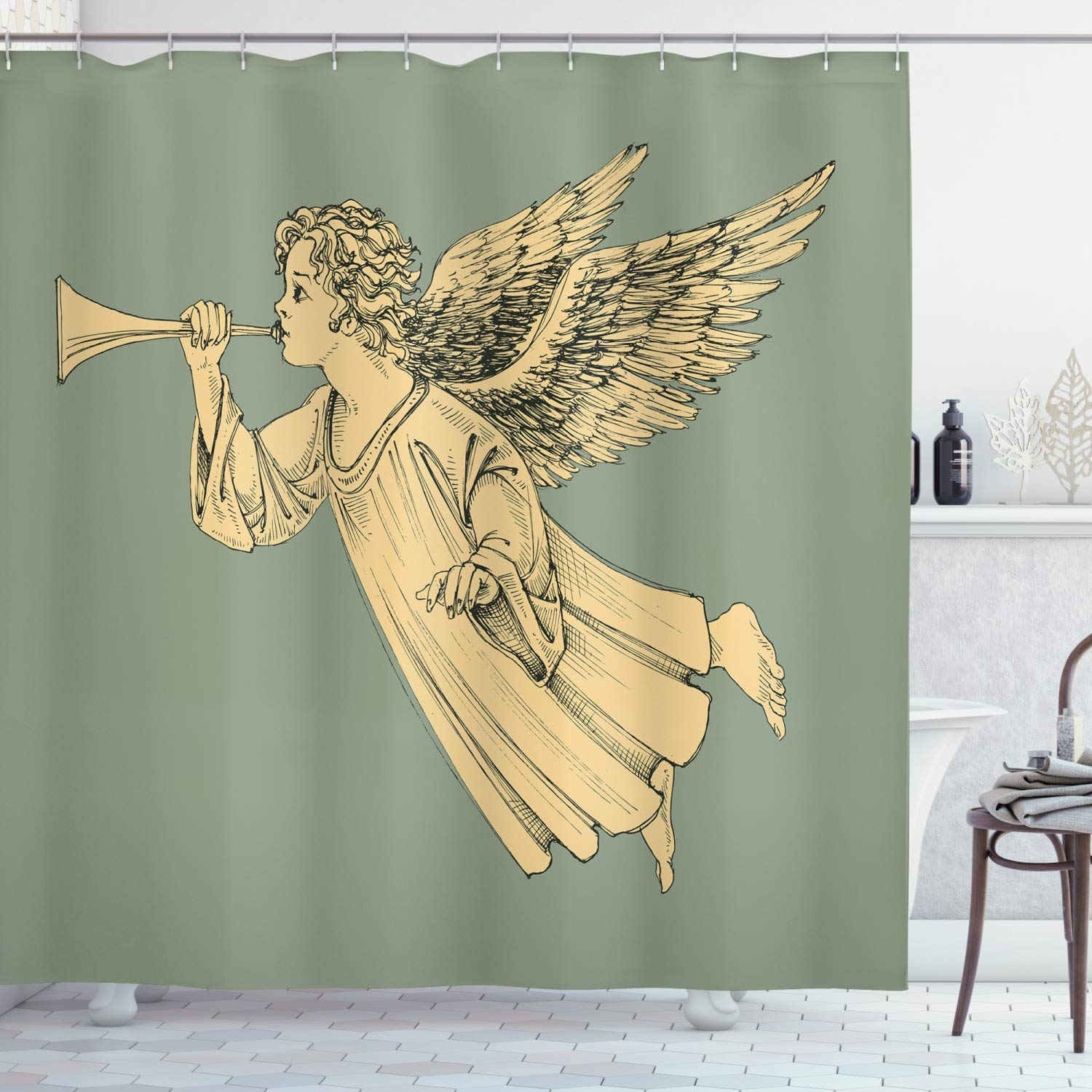 Ambesonne Christmas Shower Curtain - Flying Angel with Trumpet Mythological Art Bathroom Decor, 69x70 Inches, Yellow Mint - Holiday Bathroom Decor for Christmas, Gift Idea