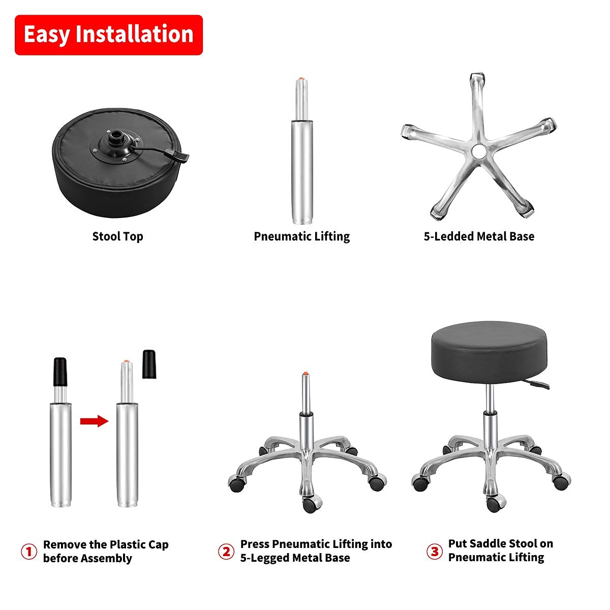 Swivel Rolling Stool with Thick Padding - Adjustable Round Chair with Wheels for Doctors, Medical Offices, Massage Salons & Workstations (Black) - Perfect for Healthcare, Beauty & Office Workspaces