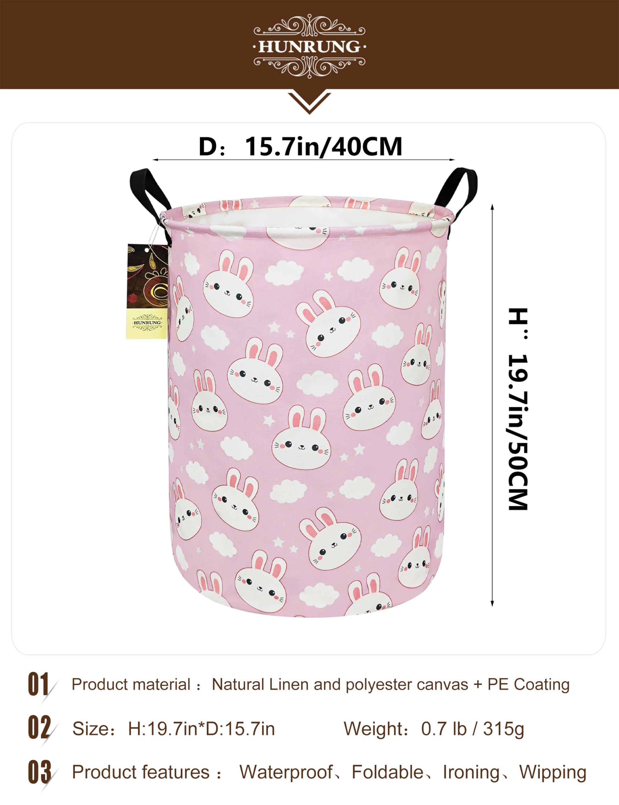 HUNRUNG Large Collapsible Laundry Hamper - Waterproof Canvas Fabric Storage Basket for Dirty Clothes & Toy Organizer - Lightweight Portable for College Dorms, Kids Room, Nursery (Cute Rabbit Design) - Perfect for Laundry, Closet Organization & Playroom Storage