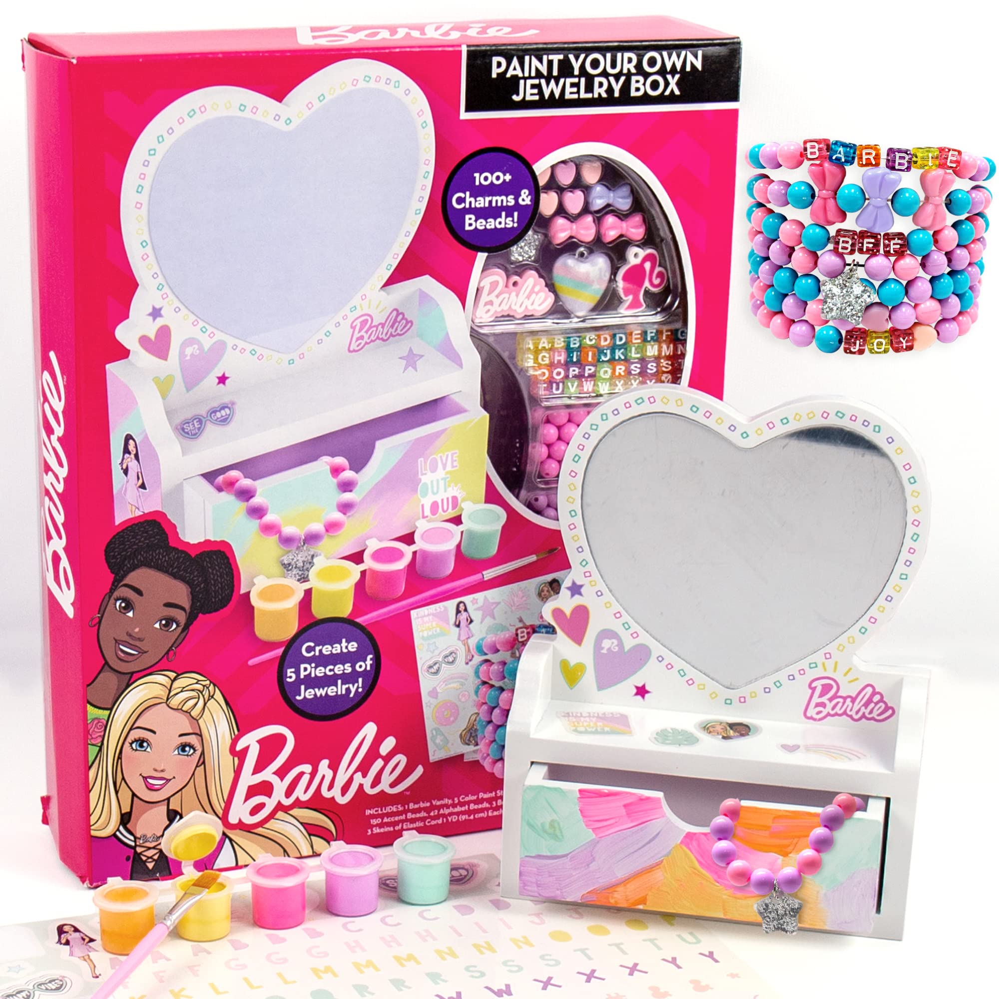 Barbie DIY Jewelry Box Kit - Customizable Heart-Shaped Vanity with Acrylic Paints, 5 Jewelry Pieces, 100+ Charms & Beads - Creative Arts & Crafts Gift for Girls Ages 5-8 - Perfect for Birthday Parties & Pretend Play