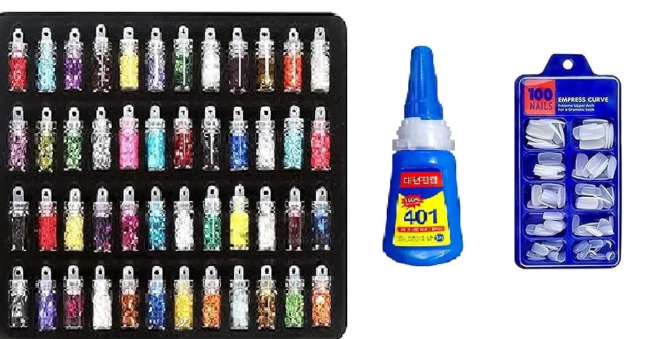 Angelie Professional Nail Art Kit - 100PCS False Nails, 48 Bottles 3D Glitter Powder, Charms & Tools - Complete Manicure Set with Nail Glue | Perfect for DIY Nail Art, Home Salon, Parties & Gifts for Women & Girls