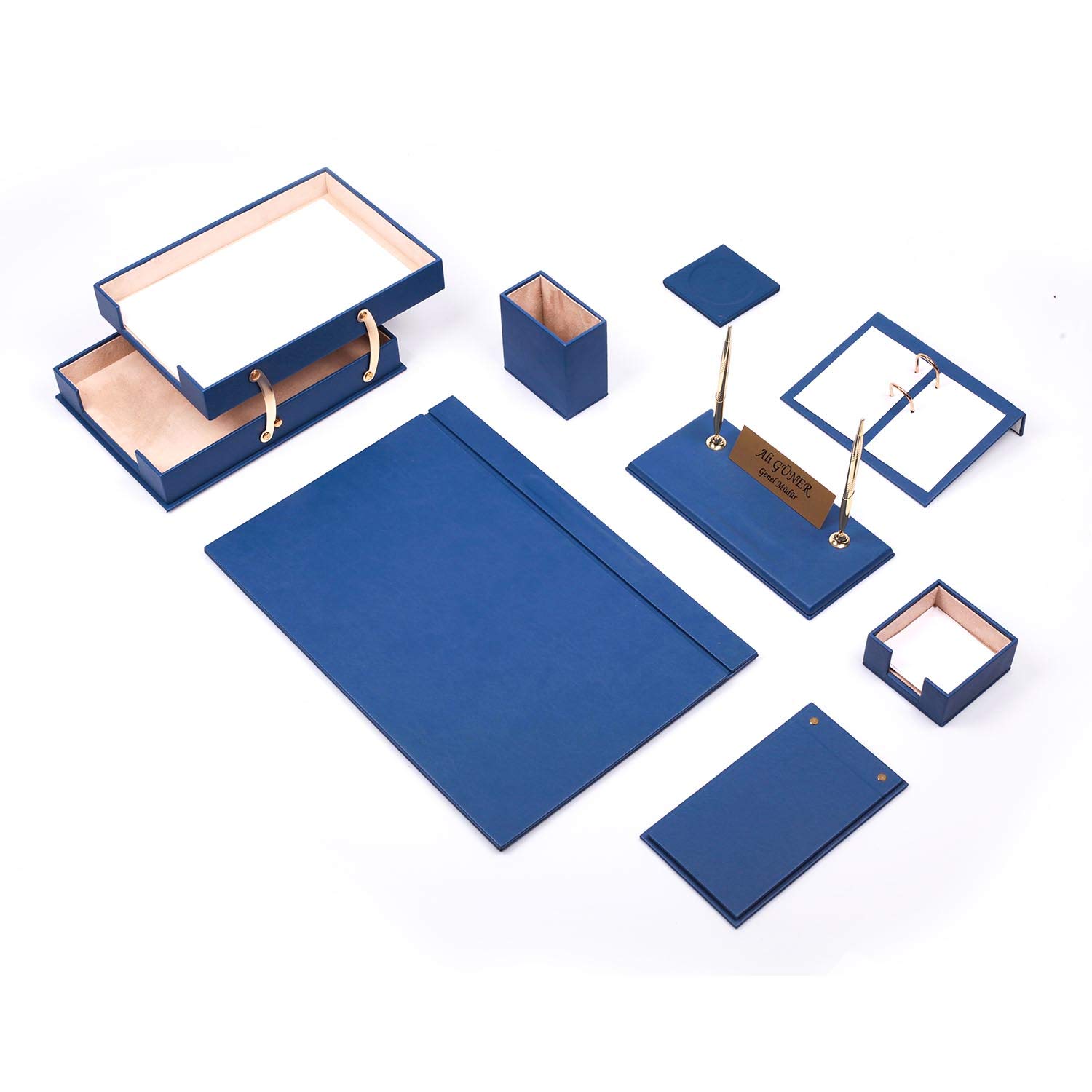 Premium 10-Piece Leather Desk Set with Double Document Tray - Elegant Blue Office Organizer for Home & Office Workspace - Perfect for Professionals, Students & Remote Workers