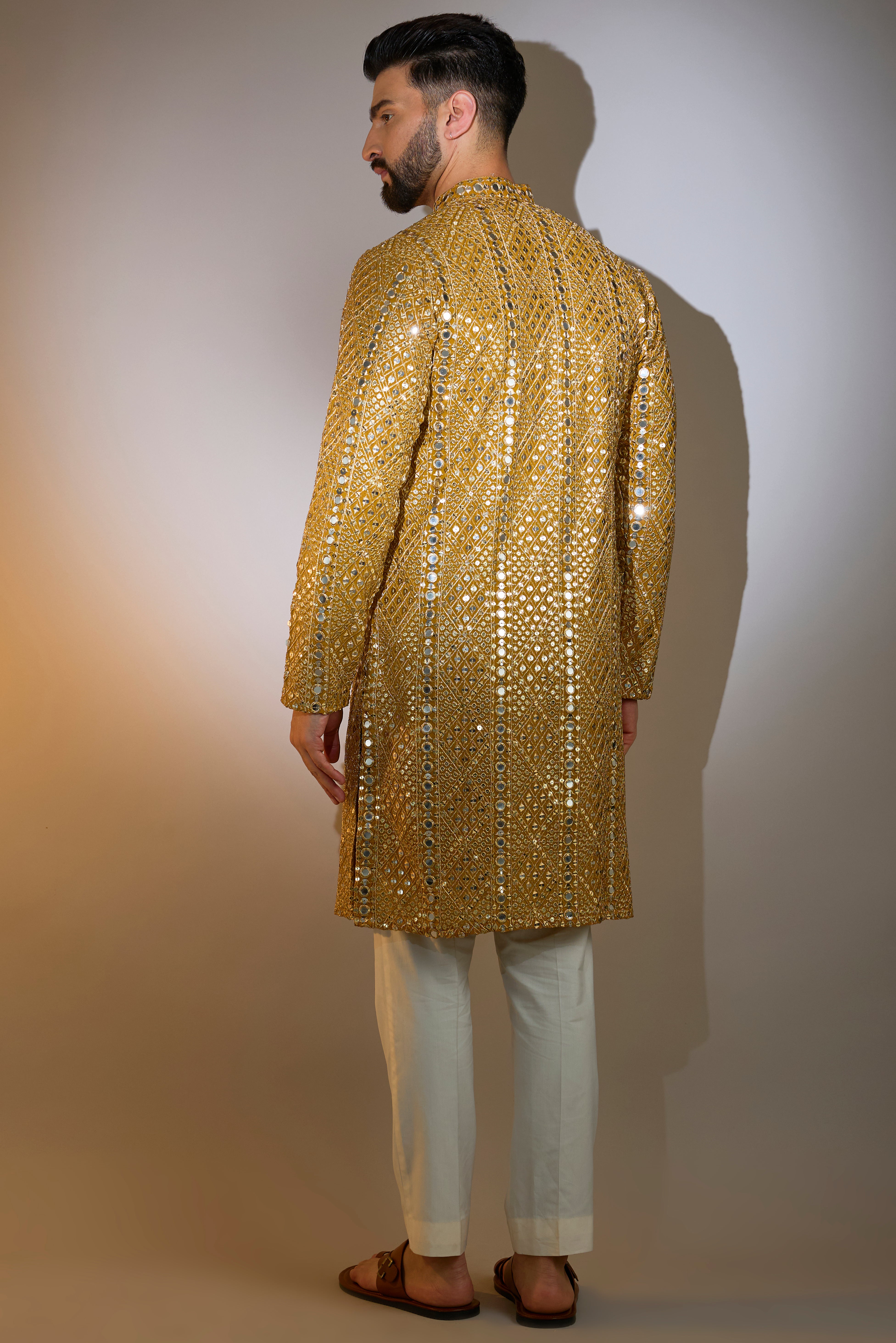 Mustard Mirror Work Kurta with Intricate Zari Embroidery - Elegant Ethnic Wear for Festivals, Weddings & Special Occasions