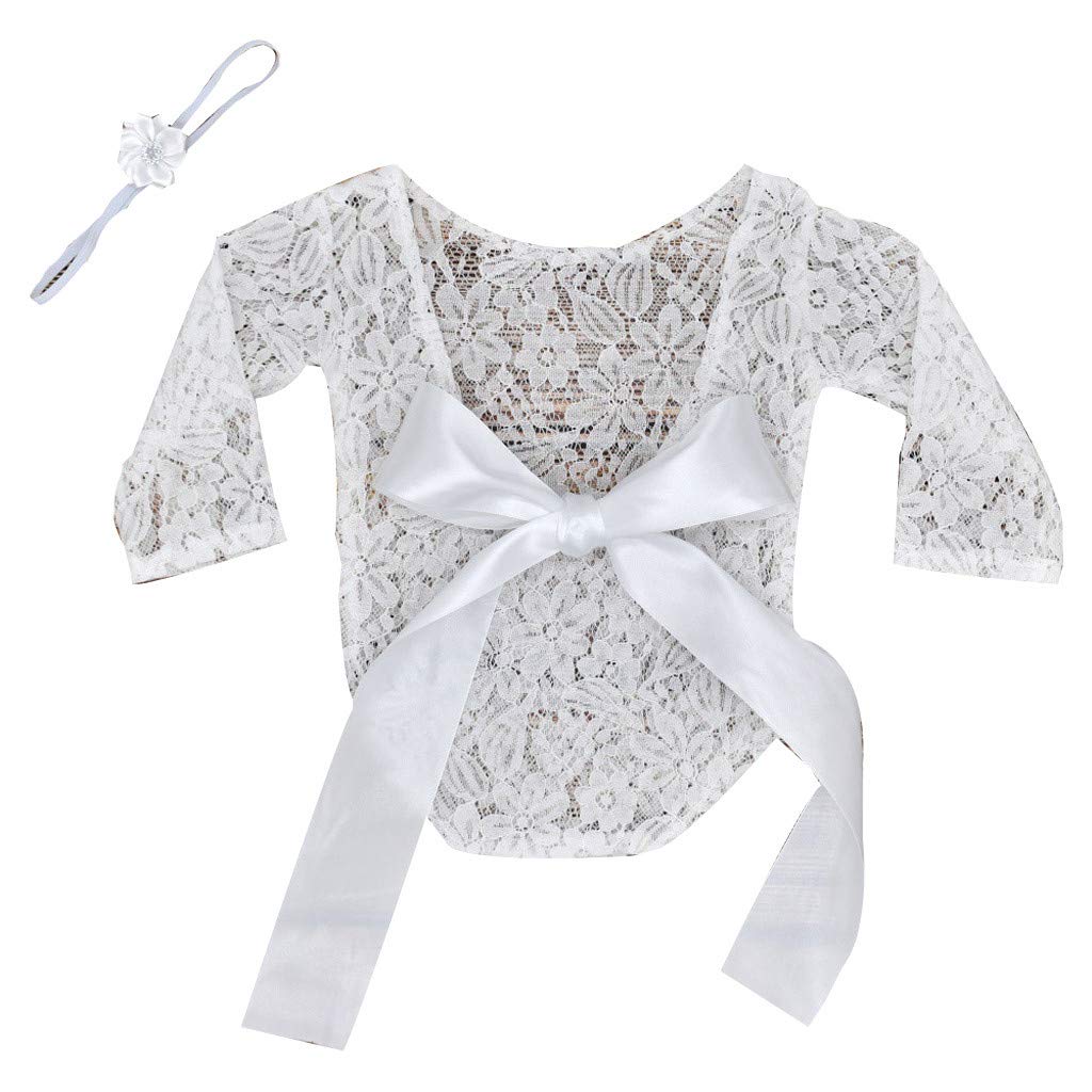 IKFIVQD Newborn Infant Baby Girl Boy Photography Props - Lace Bow Romper Bodysuit Outfit for Newborn Photo Shoots, Christening, Birthday Parties & Special Occasions