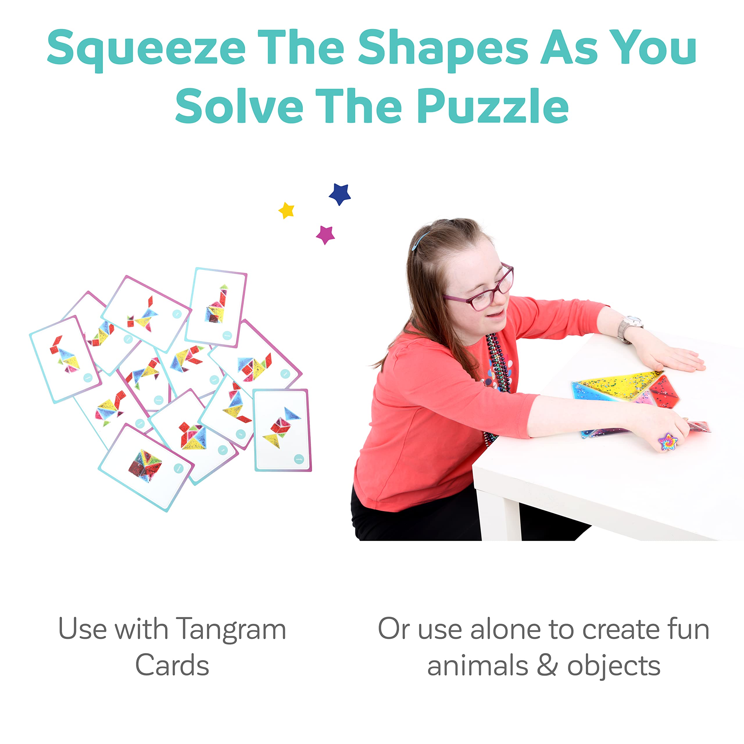 Fun and Function Busy Fingers Tangram Gel Puzzle Set with Pattern Block Cards - Geometric Shape Sensory Puzzle for Kids Ages 3+ - Perfect for Preschool Learning, Occupational Therapy & Quiet Time Activities
