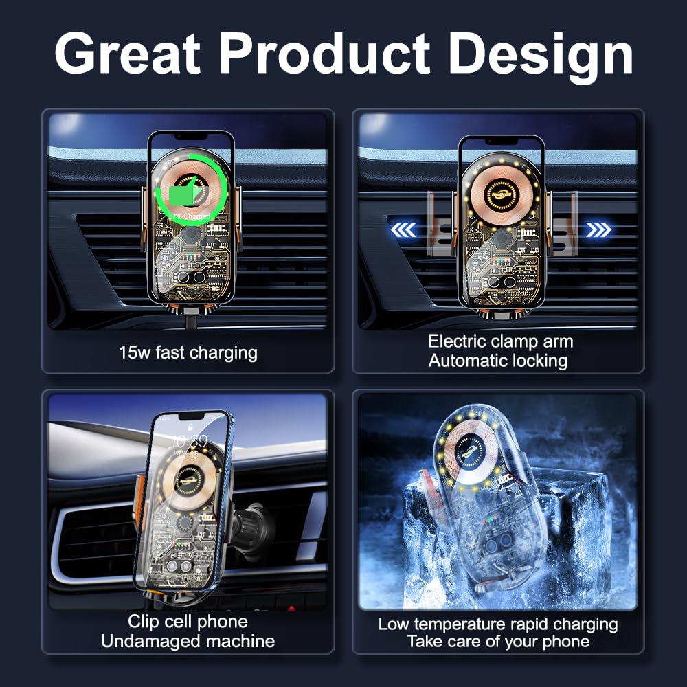 Qi 15W Fast Wireless Car Phone Mount & Charger - Universal Air Vent Auto Clamp Holder for iPhone, Samsung (4.7-7.2 Inch) | Hands-Free Driving & Safe Navigation