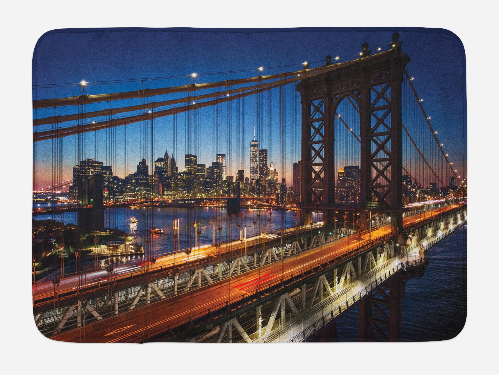 Lunarable NYC Bath Mat - Sunset at Brooklyn Bridge River, Non-Slip Plush Bathroom Rug, 30.2 x 20 Inches, Dark Orange & Night Blue - Perfect for Modern Home Decor, Guest Bathrooms & Spa-Style Retreats