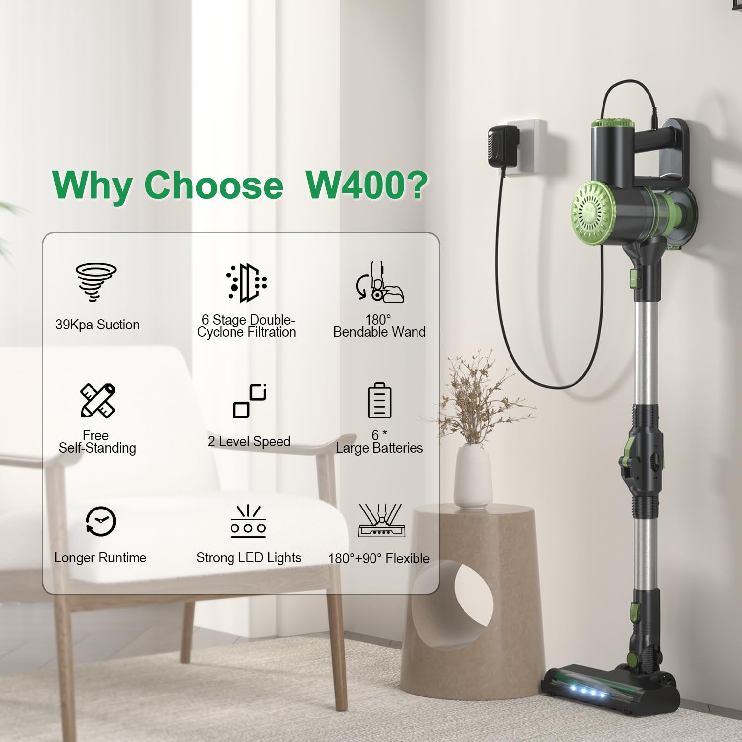 6-in-1 Cordless Stick Vacuum Cleaner with Powerful Suction - Lightweight, Self-Standing, 180° Bendable Wand for Hardwood Floors & Carpets - Rechargeable Green Vacuum for Home Cleaning & Pet Hair Removal