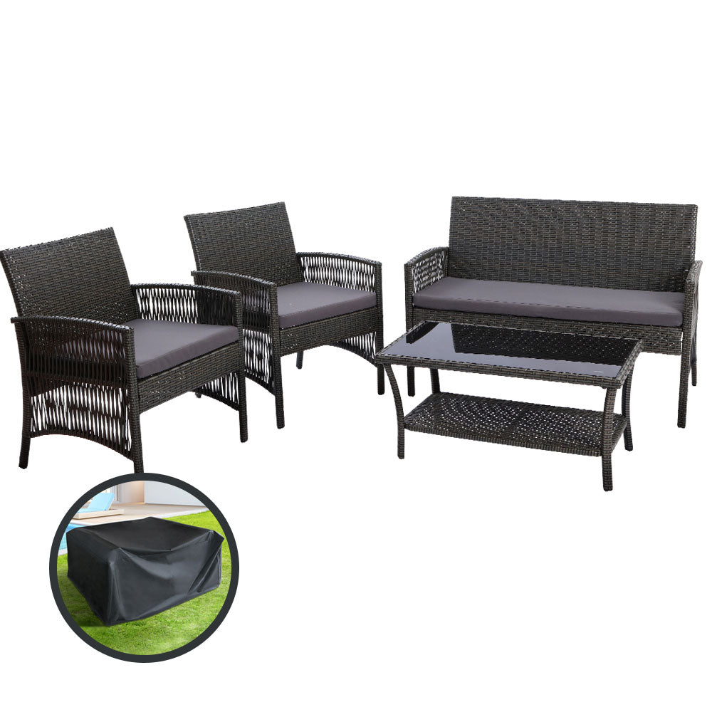 4-Piece Outdoor Sofa Set with Storage Cover, Wicker Harp Chairs & Table in Gray – Perfect for Patio, Garden, and Poolside Relaxation
