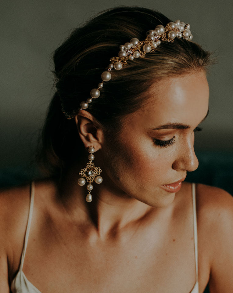 Elegant Bridal Headpiece - Pearl Antique Band with Pearl Drape | Kezani Paros Collection | Perfect for Weddings, Prom & Special Occasions