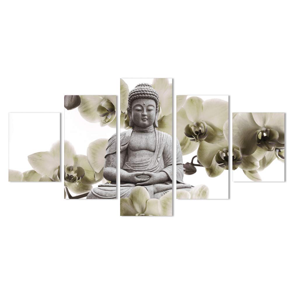 XSHUHANP 5-Panel Large Orchid Buddha Canvas Art - Feng Shui Wall Decor for Living Room, Bedroom & Office - Hand-Painted Floral Spiritual Painting for Home Decoration & Meditation Space