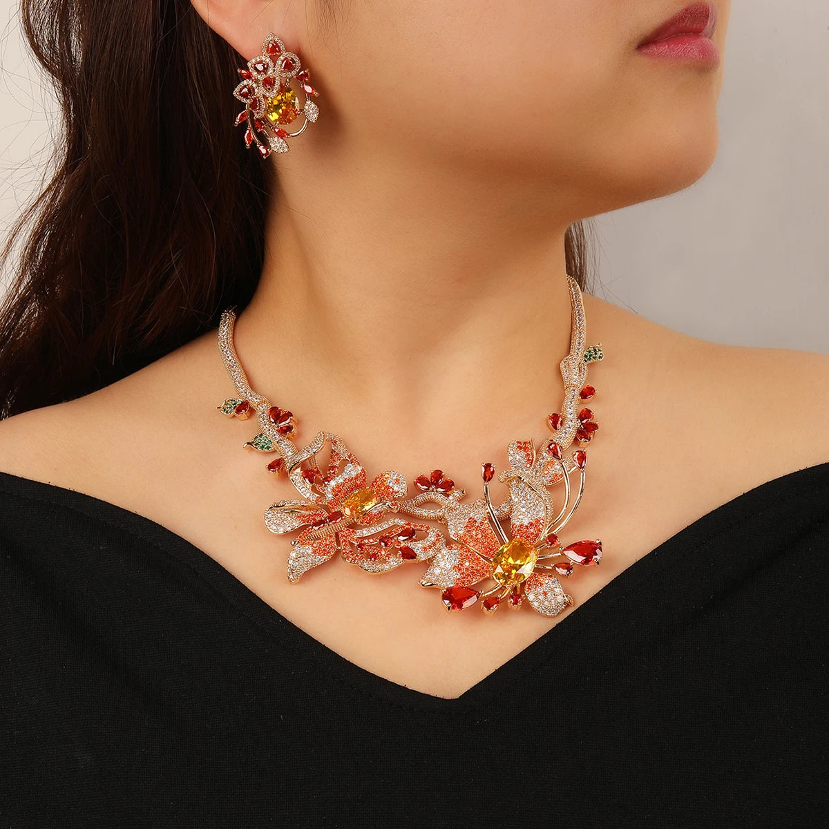 2 Pcs Cubic Zirconia Flower Necklace & Earrings Set for Women - Elegant Wedding & Party Jewelry - Perfect for Bridal, Prom, Anniversary & Special Occasions