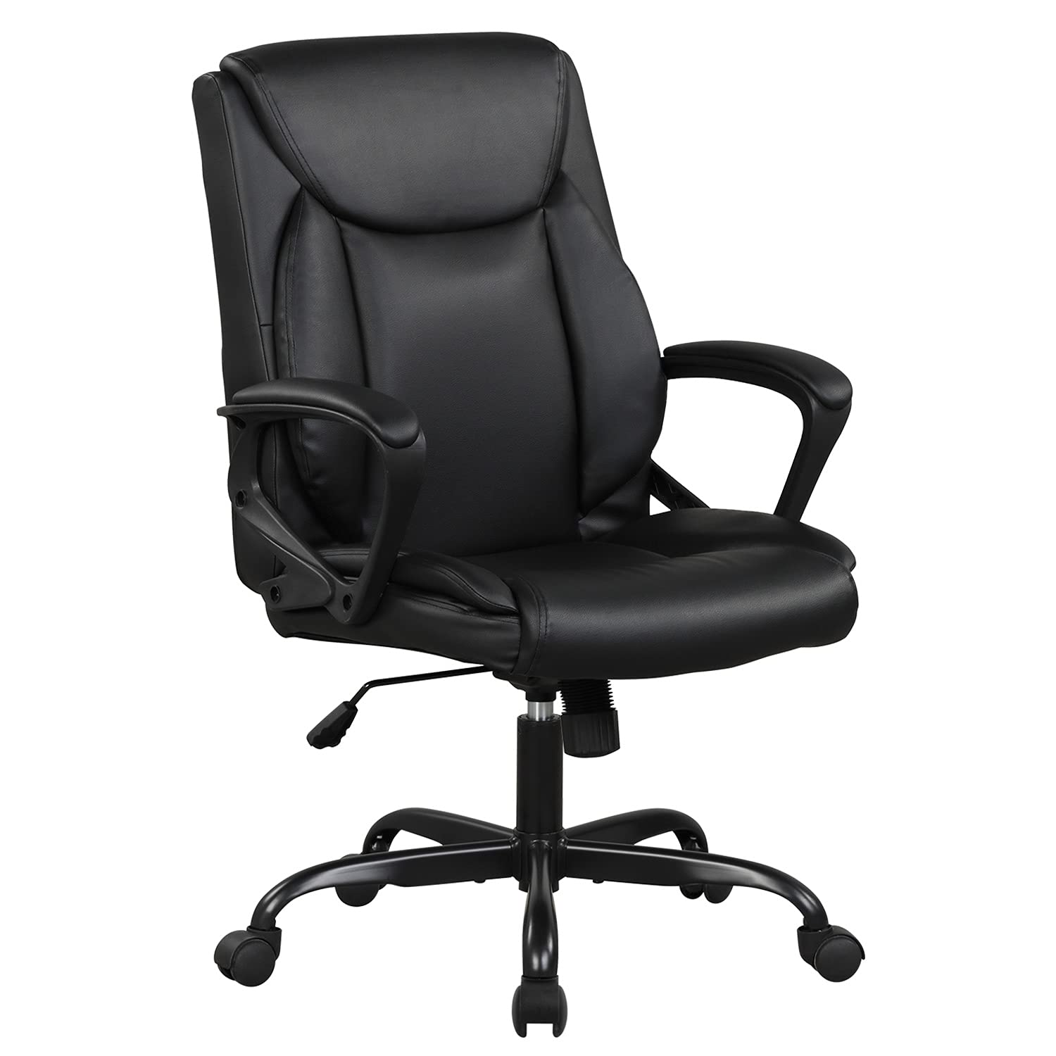 Ergonomic Home Office Chair - PU Leather Executive Desk Chair with Adjustable Lumbar Support & Armrests, Mid Back Computer Task Chair for Men (Black) - Perfect for Long Work Hours, Gaming & Remote Work