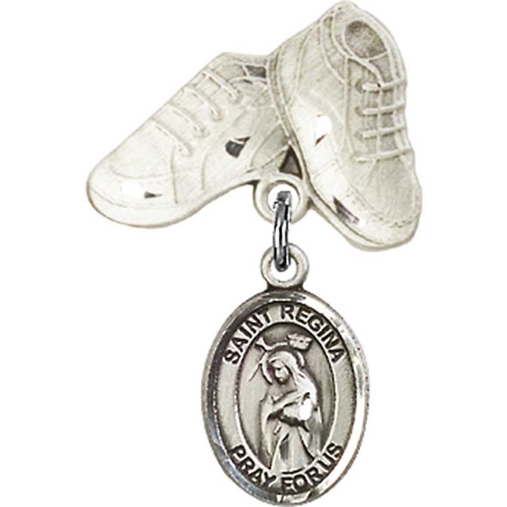 Sterling Silver Baby Badge with St. Regina Charm & Baby Boots Pin - 1 X 5/8 Inch - Perfect for Christening, Baptism Gifts & Baby Keepsakes